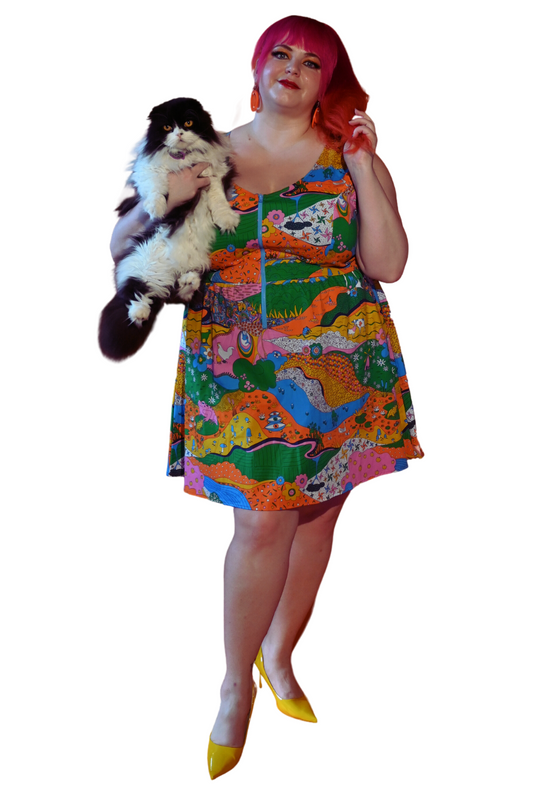 Pink-haired girl in rainbow colored landscape print fit & flare dress, holding a black & white cat