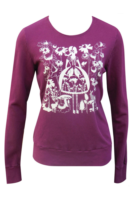 Plum sweatshirt with white screen print of cute girl surrounded by flora and fauna