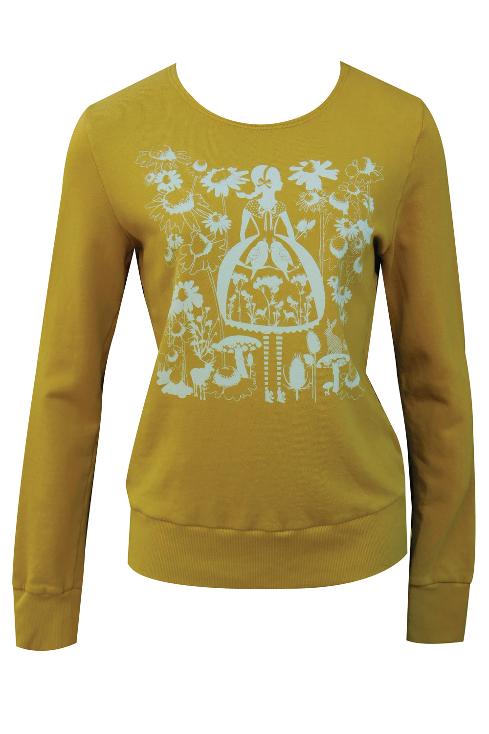 Yellow sweatshirt with white screen print of cute girl surrounded by flora and fauna