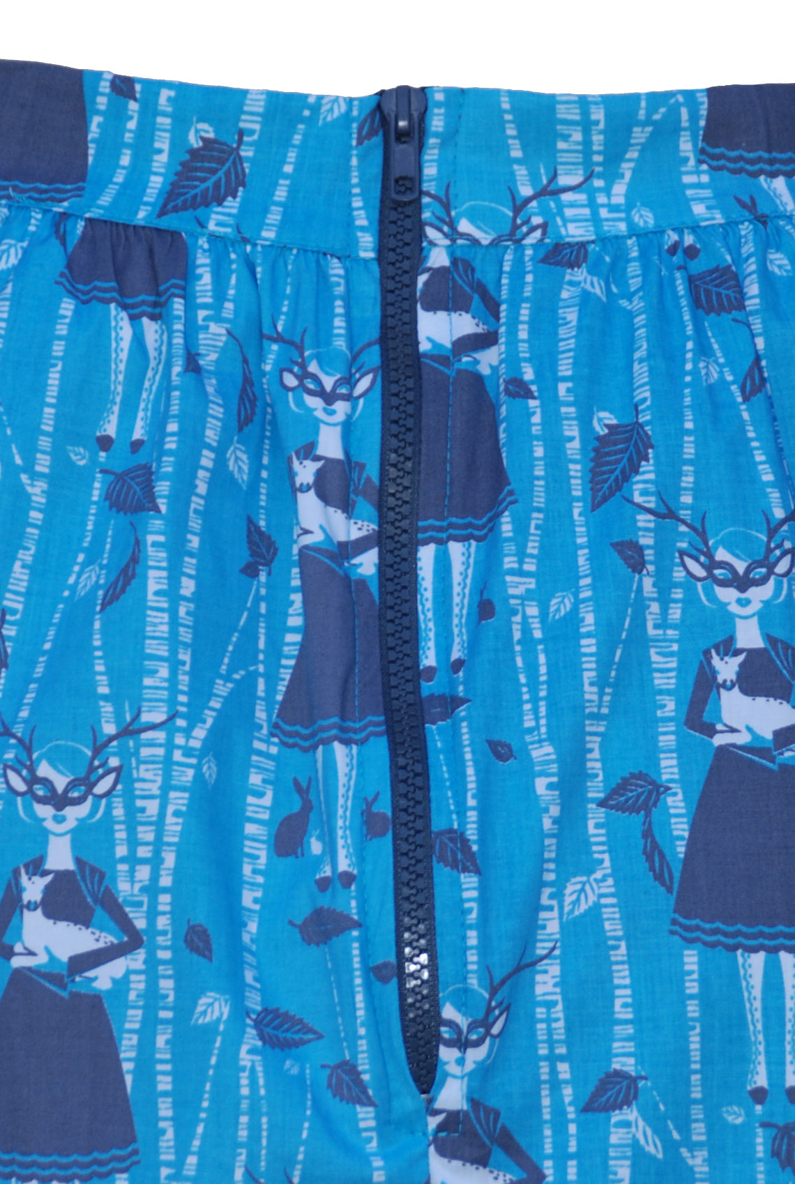 Back view of teal blue and grey gathered midi skirt with masked girl holding deer and birch trees with big zipper