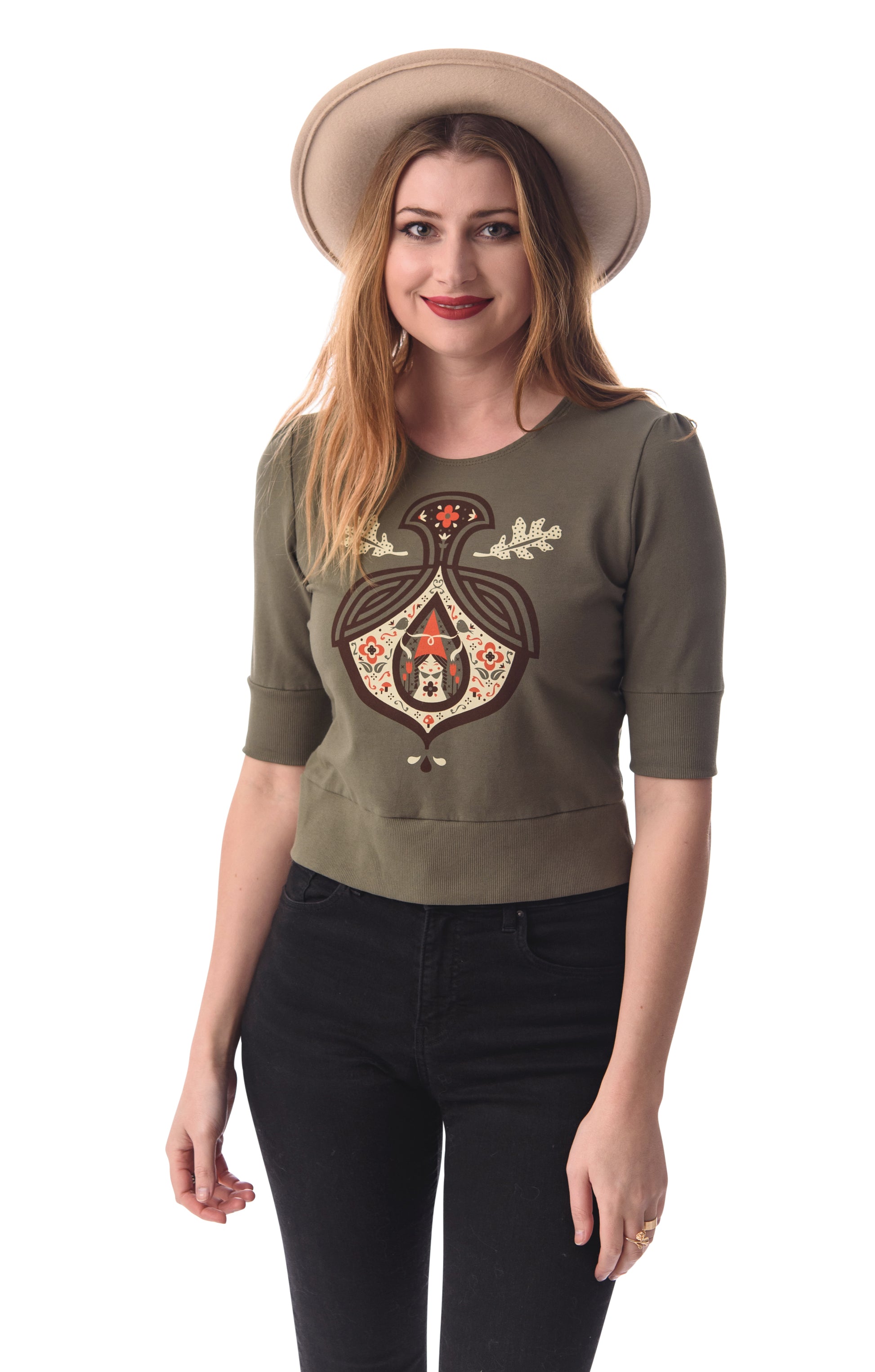 Olive green cropped French terry shirt with screen print of acorn and girl gnome