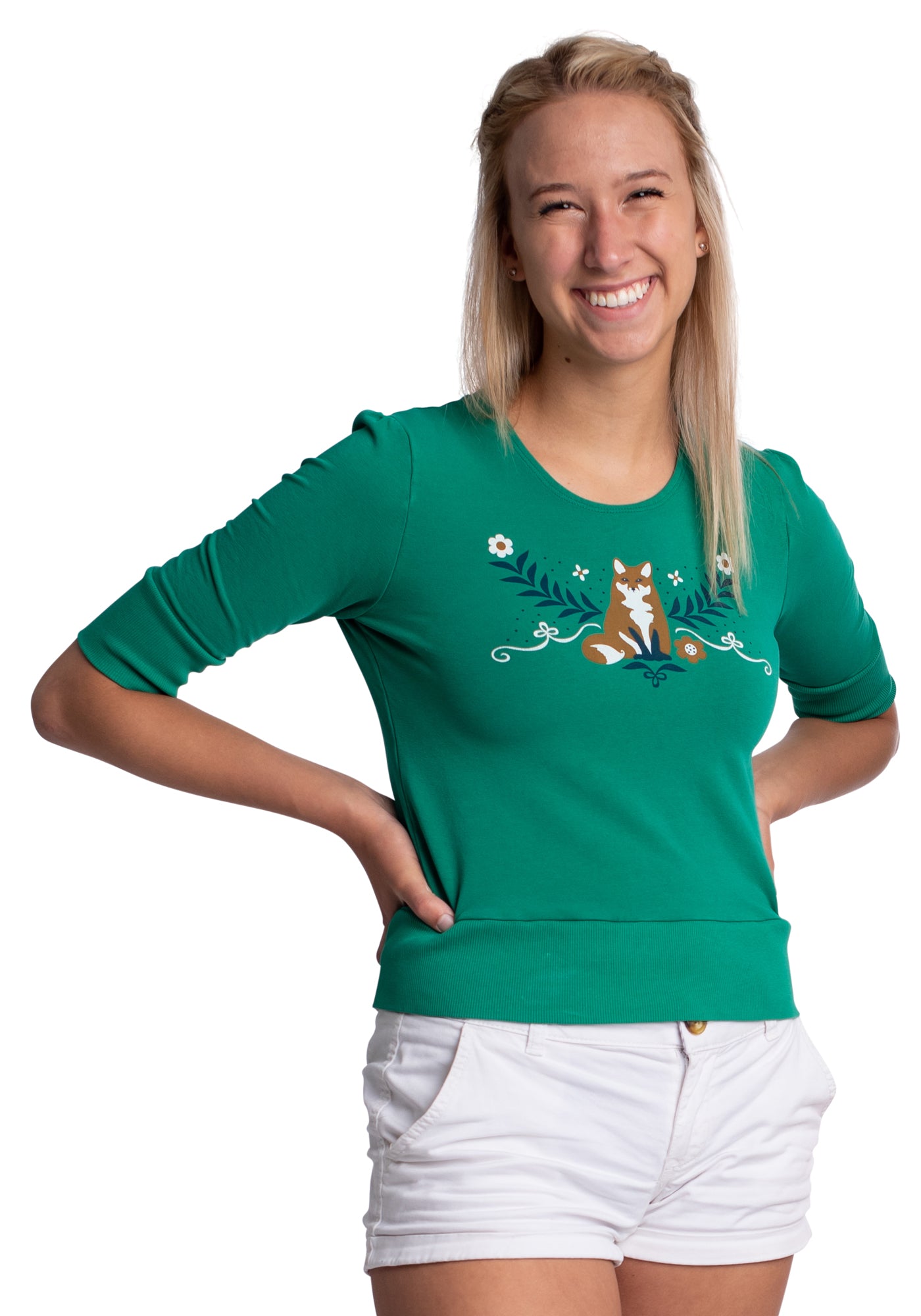 Cropped emerald green French terry top with fox print