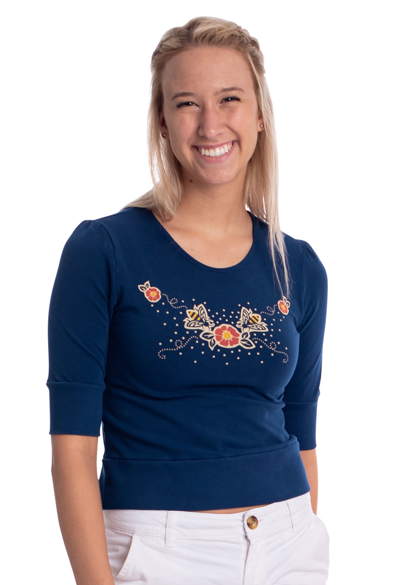 Navy blue scoop neck cropped French terry top with print of bees and flowers on blonde model 