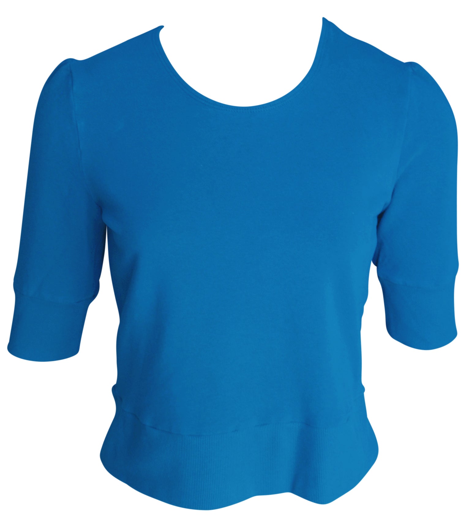 Bright blue cropped French terry top with rib trim