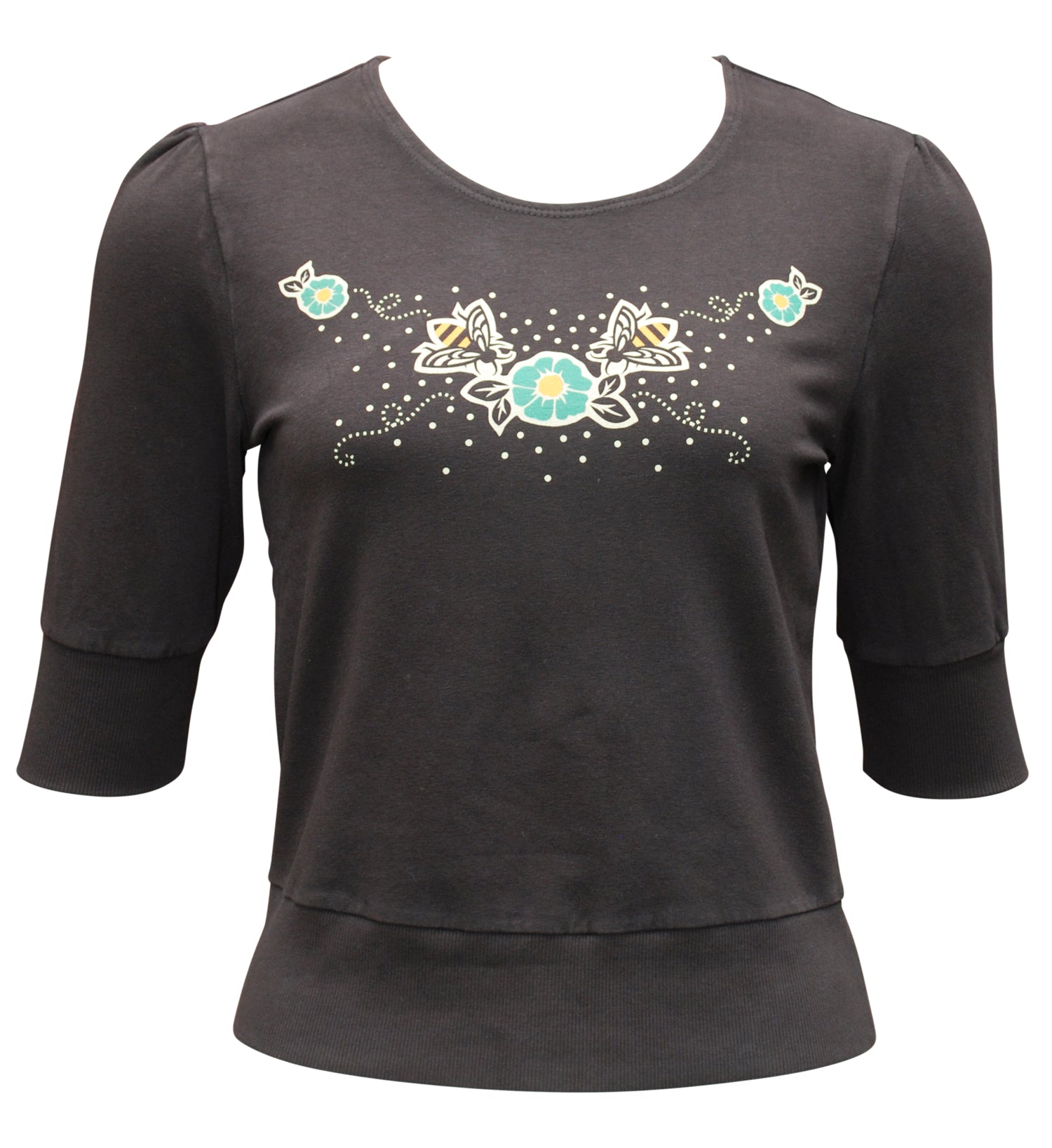 Dark brown French terry cropped top with honeybee and flower print