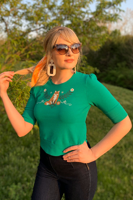Cropped emerald green French terry top with fox print