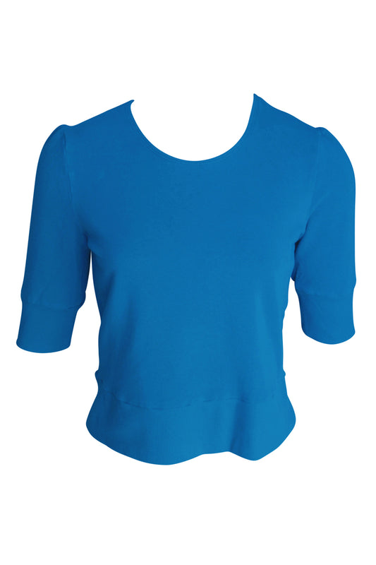 Bright blue cropped French terry top with rib trim