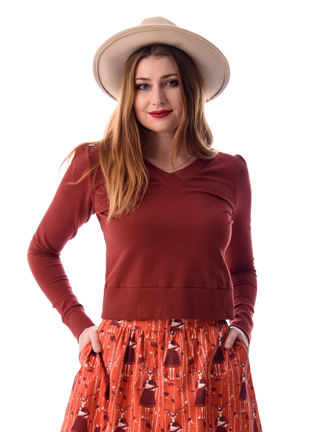 Cropped v-neck French terry top in rust brown with rib trim