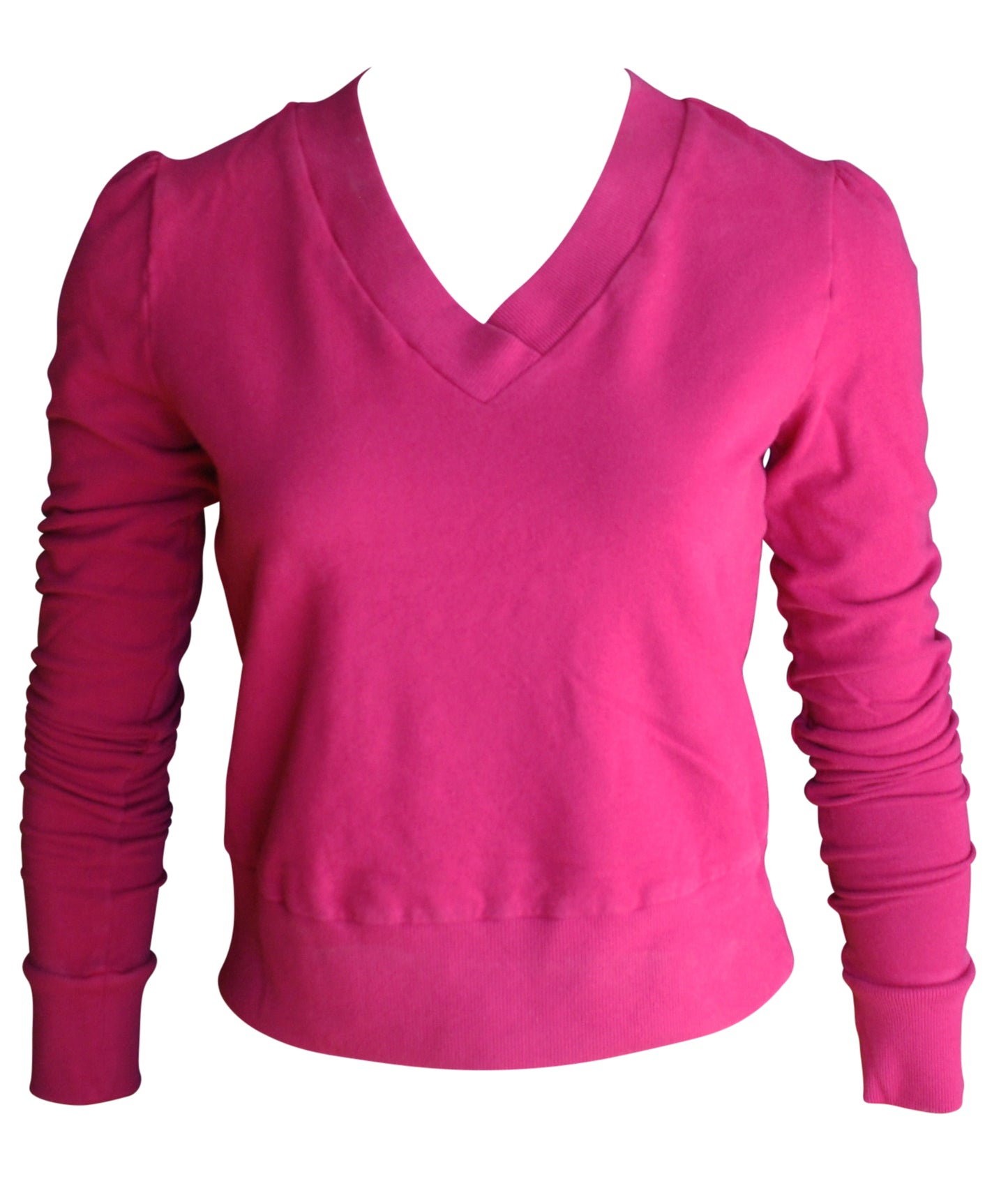 Bright pink v-neck French terry top with rib trim