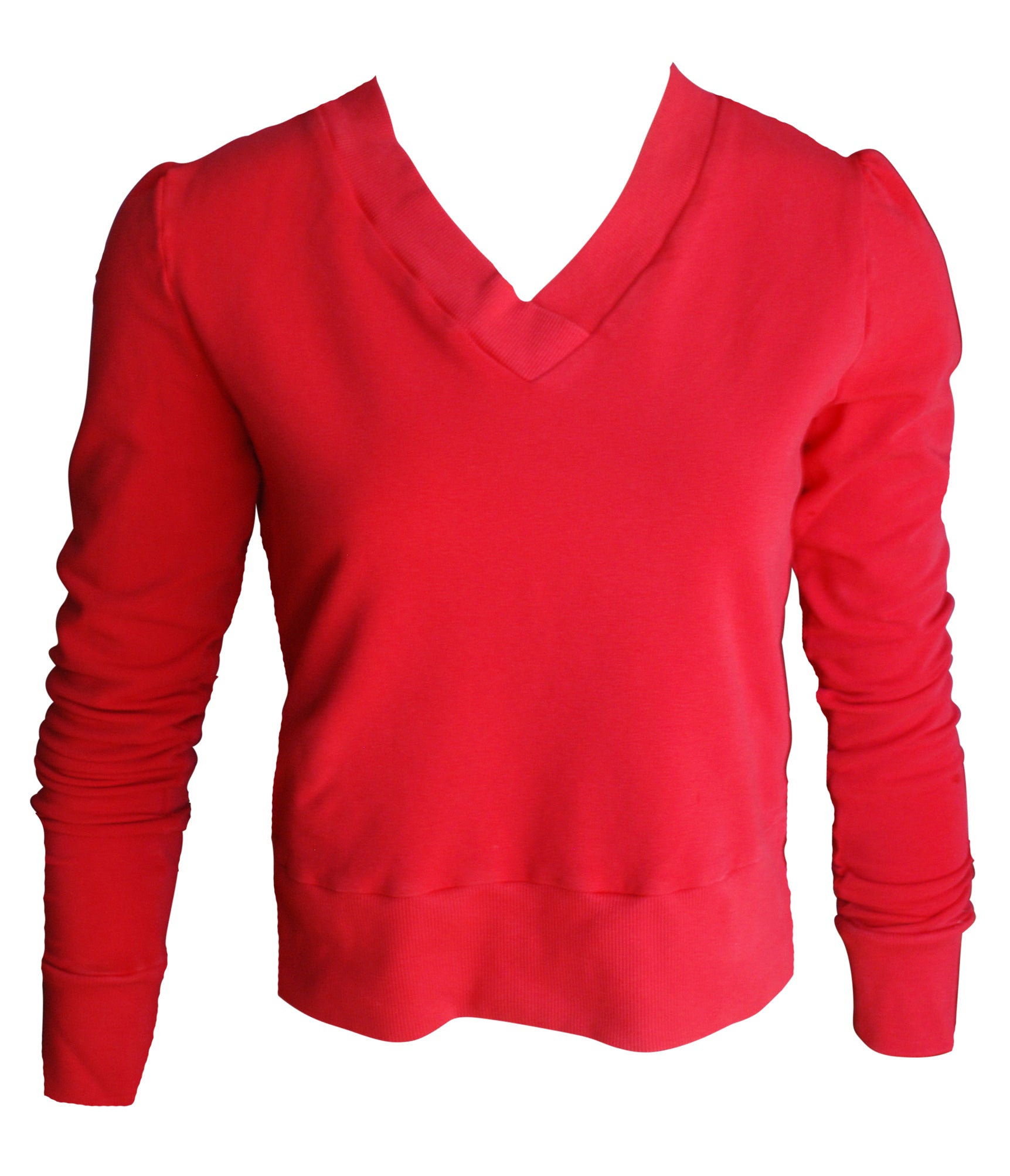 Red v-neck French terry top with rib trim