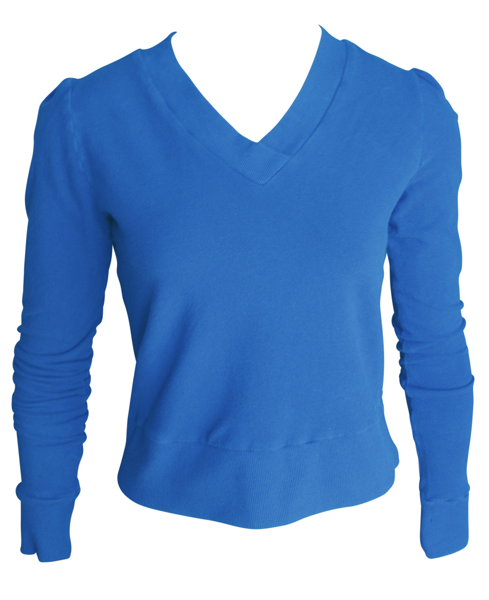 Bright blue French terry v-neck shirt with rib trim