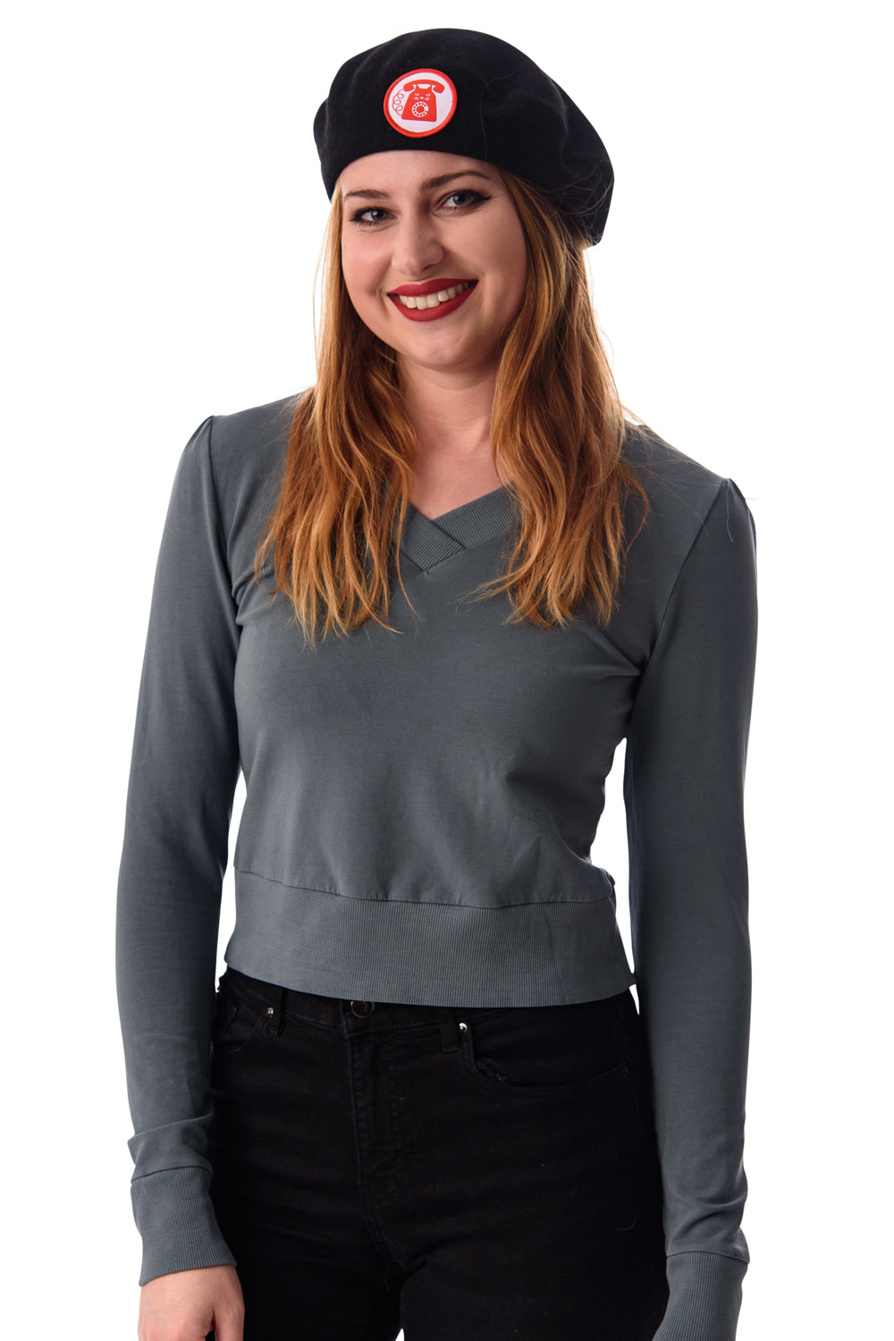 Cropped V-Neck French Terry Shirt in Grey