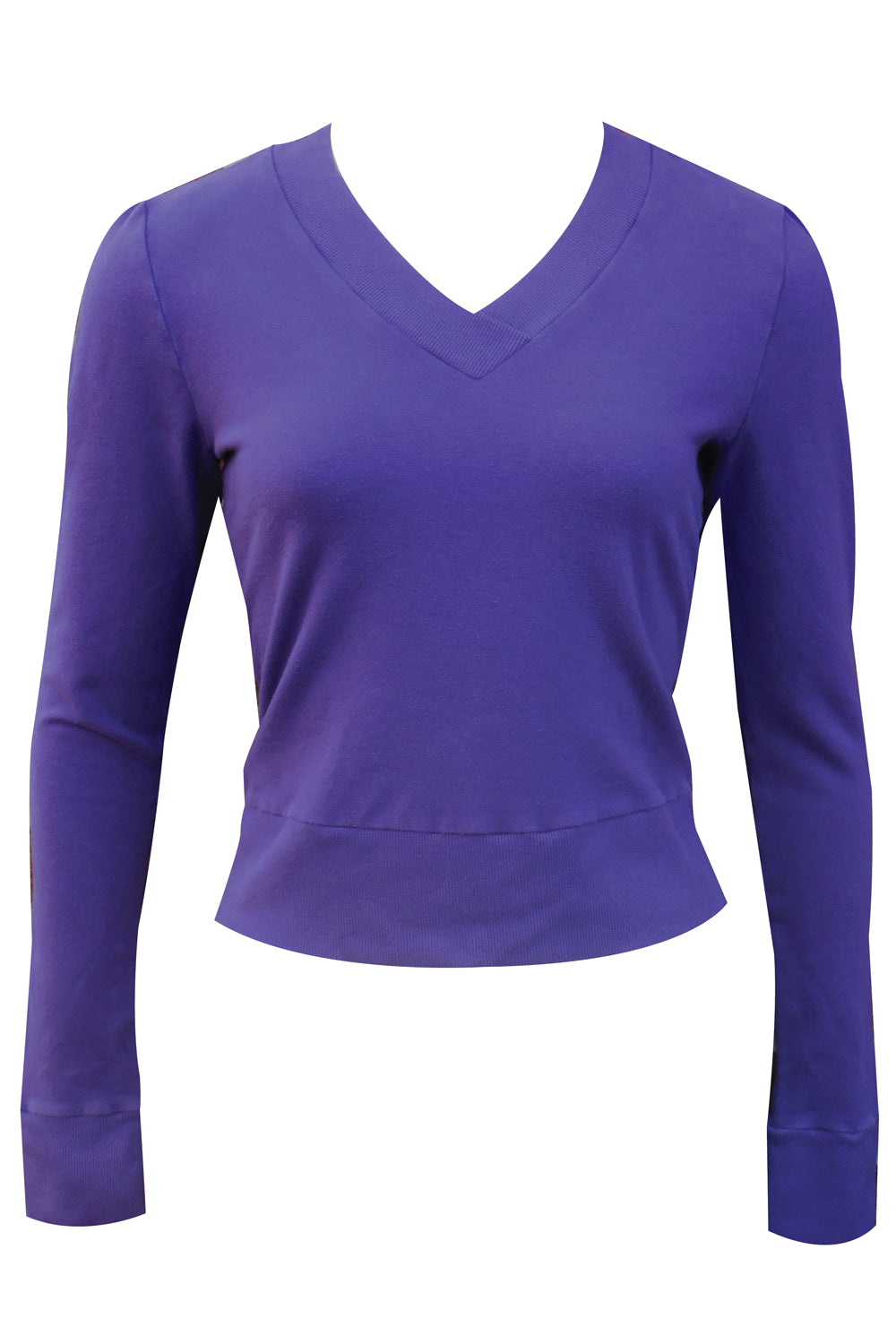 Purple v-neck French terry shirt with rib trim