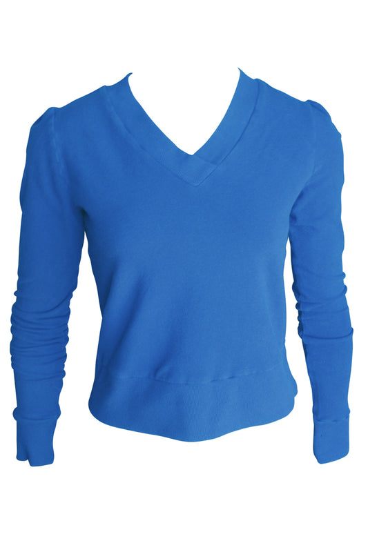 Cropped V-Neck French Terry Shirt in Sapphire