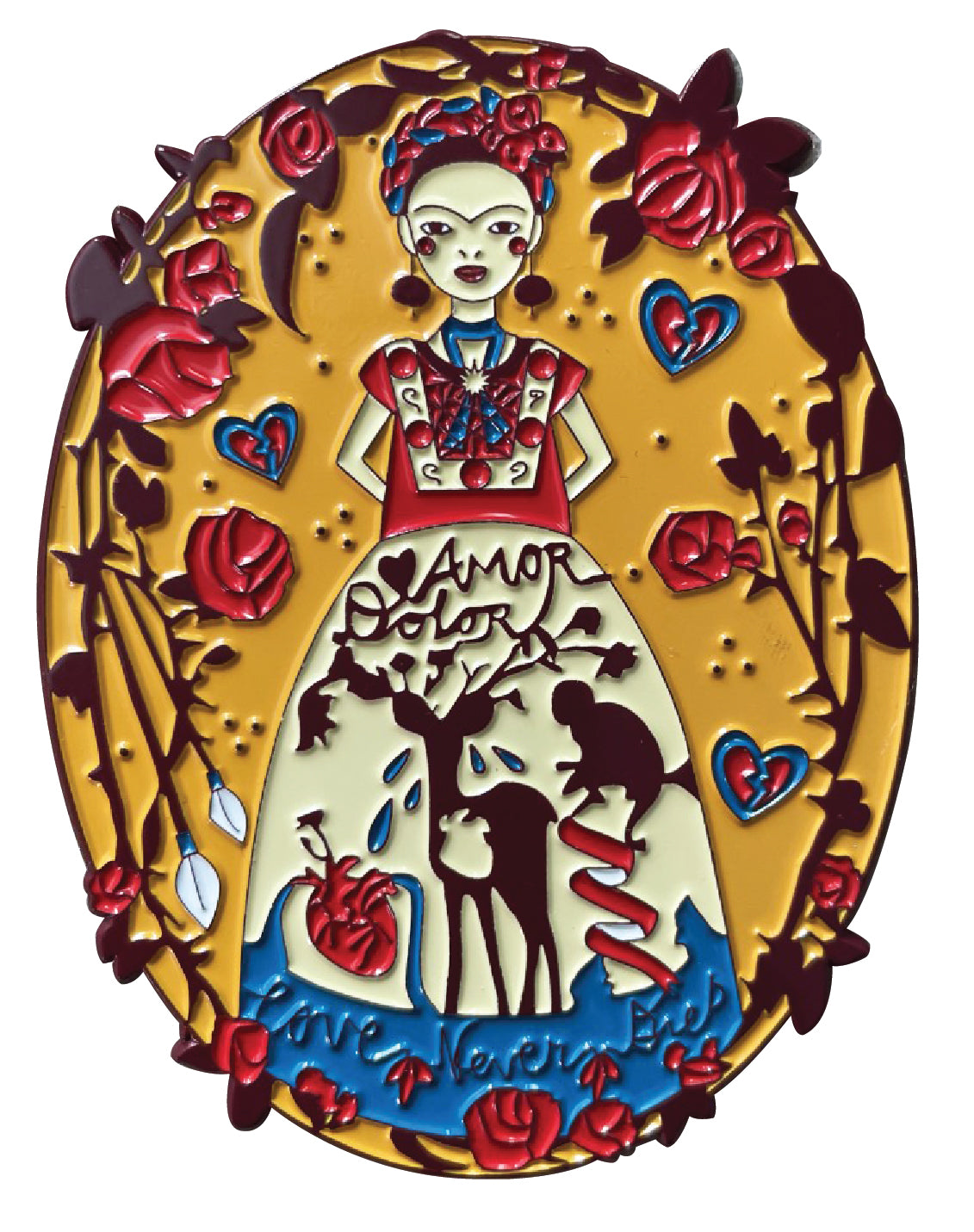 Yellow, red, blue and white enamel pin featuring a female artist, deer, monkey, and flowers with "Love Never Dies" text