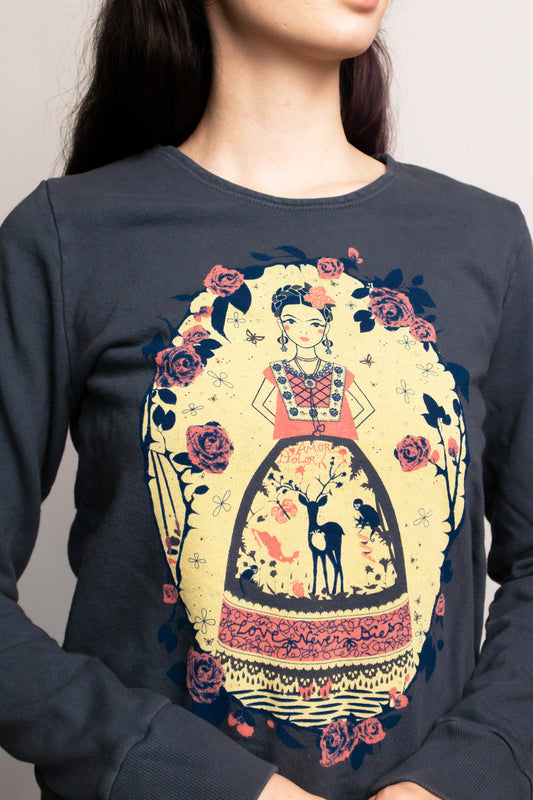 Long sleeve grey shirt with picture of woman, deer, and flowers