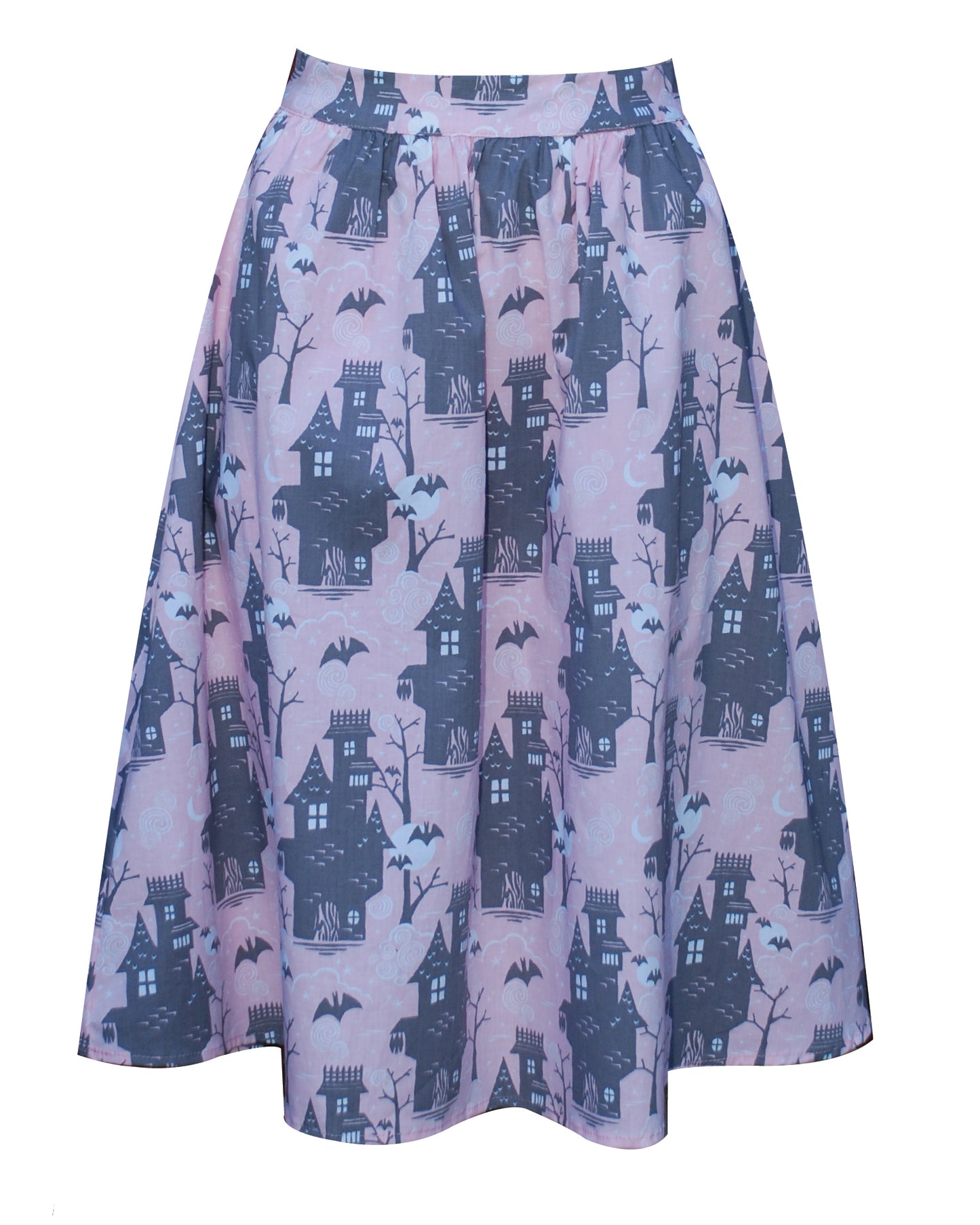 Pink and grey gathered midi skirt with haunted houses, moons and bats