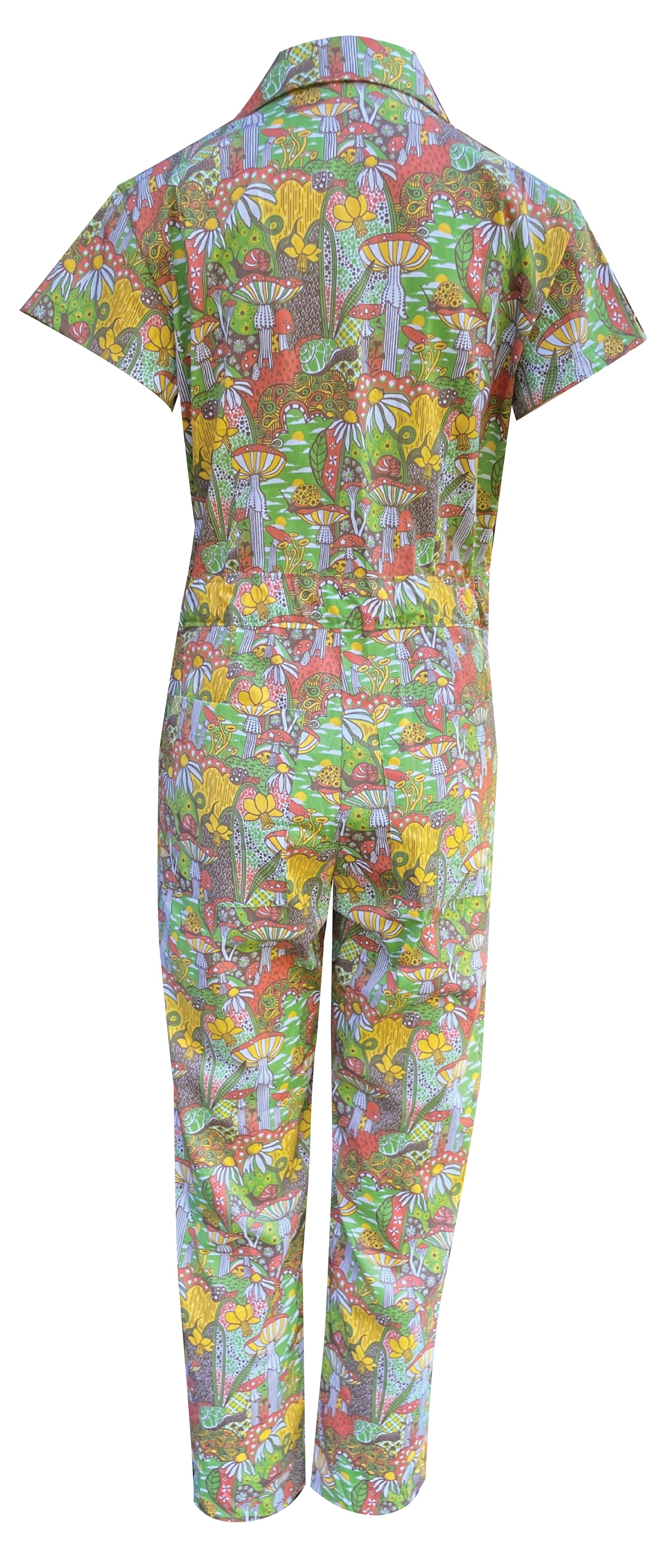 Back view of olive, orange and yellow mushroom, snail and flower print  collared jumpsuit 