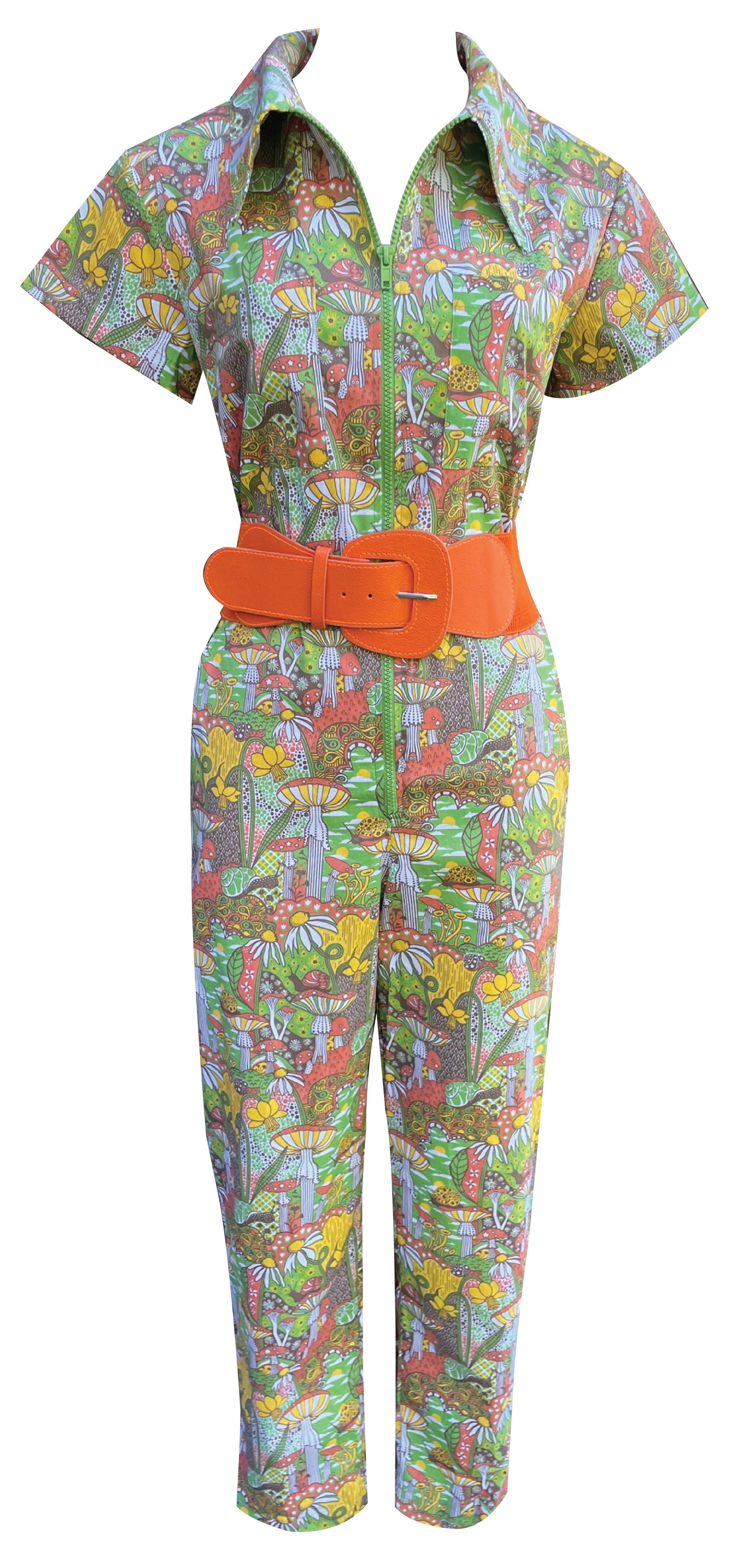 Collared, zip front psychedelic jumpsuit in 70s colors, with big orange belt