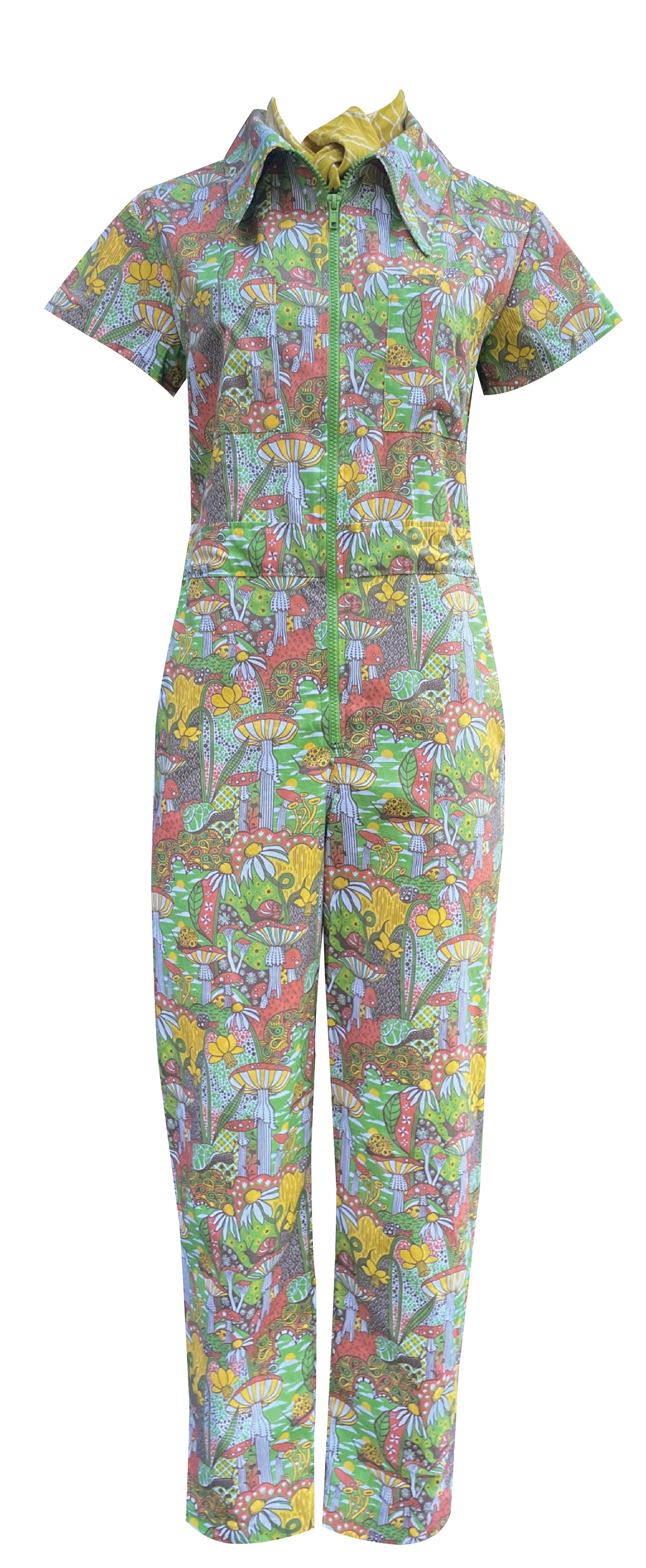 Quirky green and brown mushroom print  jumpsuit with big zipper, collar and several pockets 