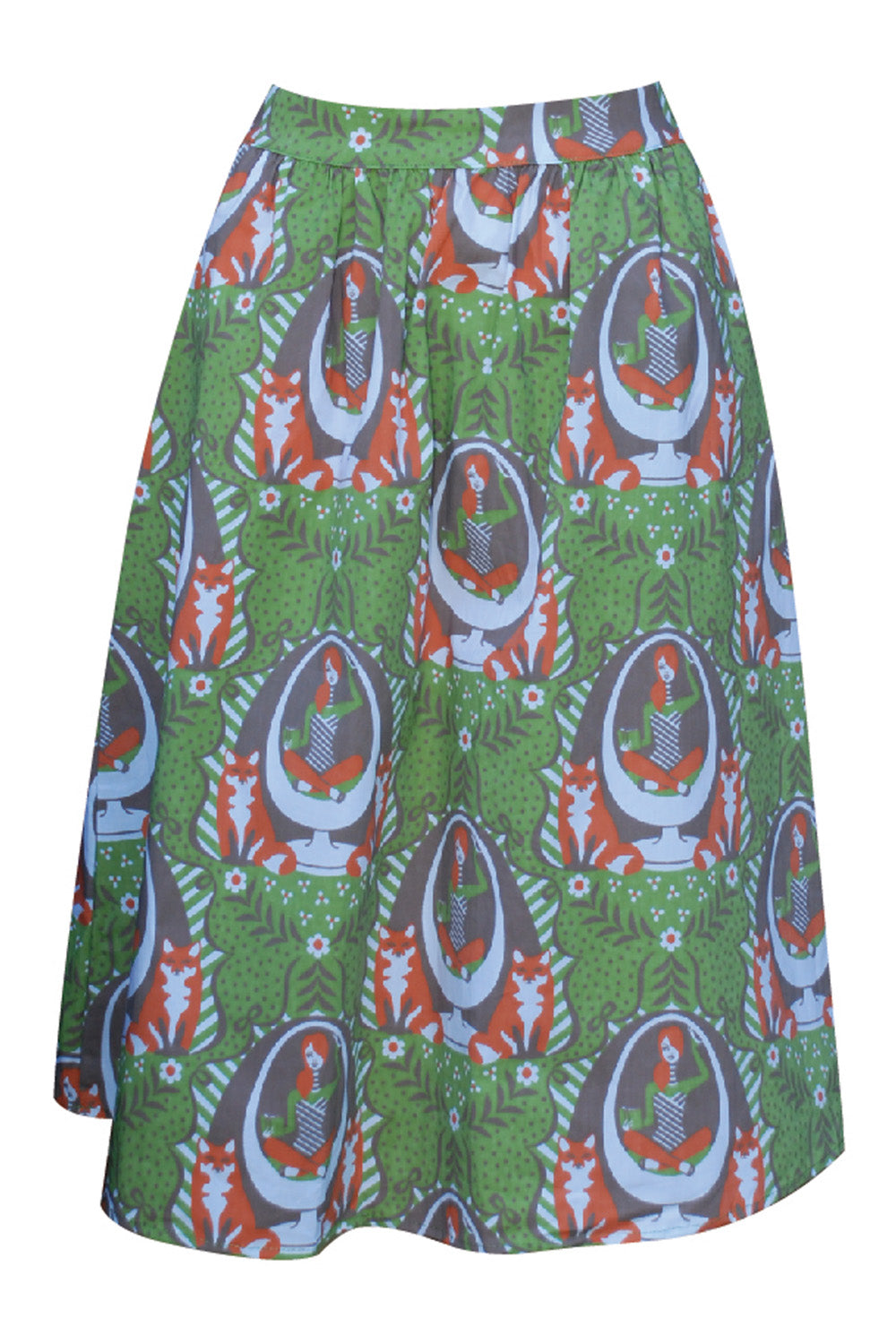 Olive green and orange gathered midi skirt with print of girl reading in egg chair with foxes and big orange zip