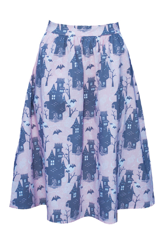 Longer Poplin Skirt in Pink Haunted Castle