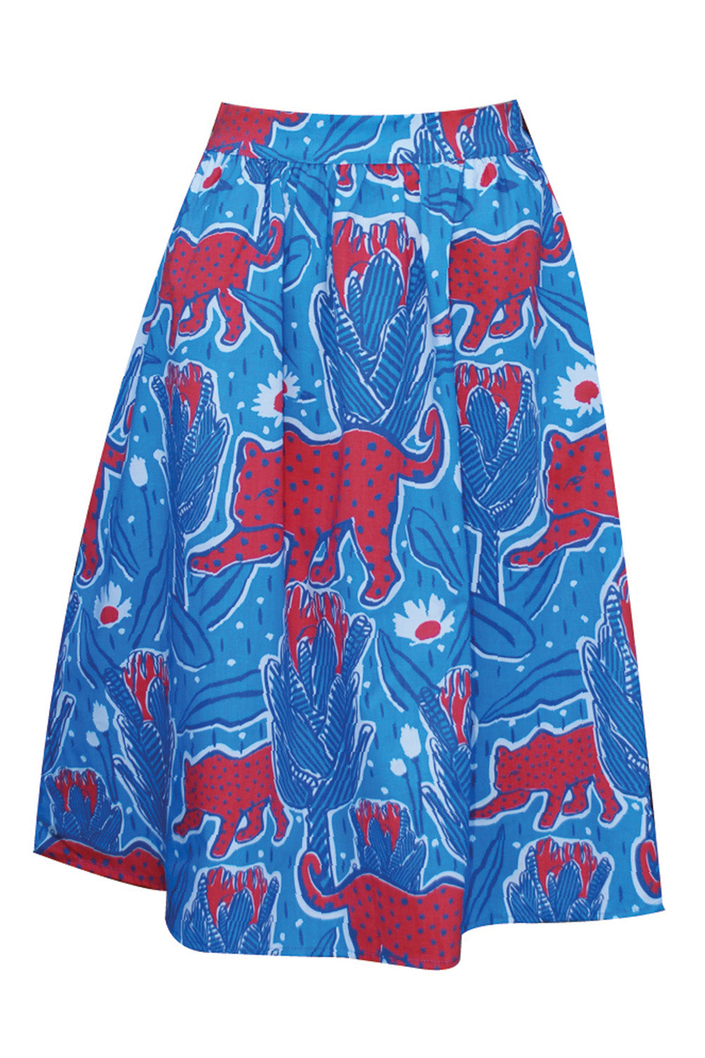 Gathered skirt with blue and red jaguar and protea print