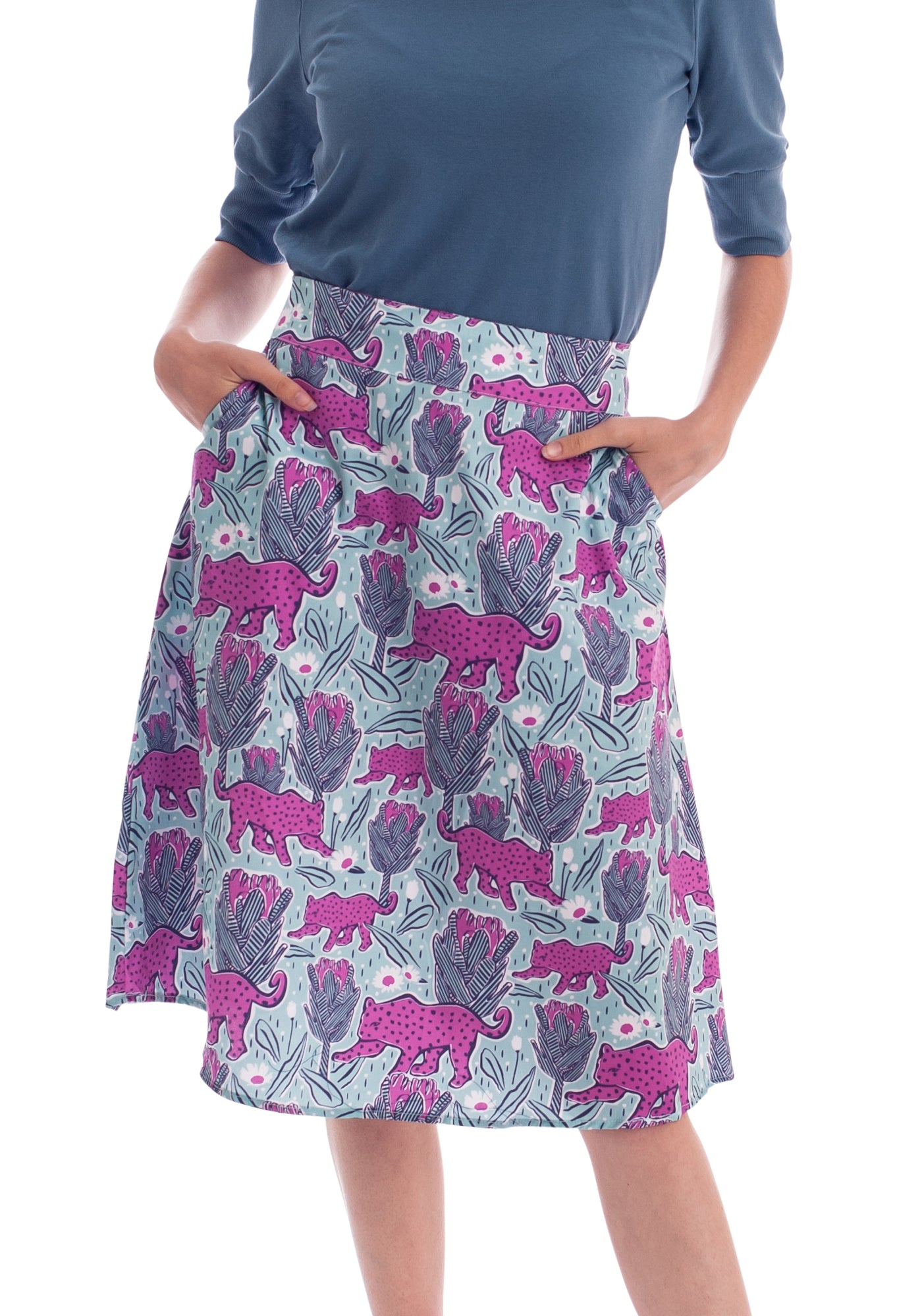 Pink and mint green a-line knee length skirt with flower and jaguar print 