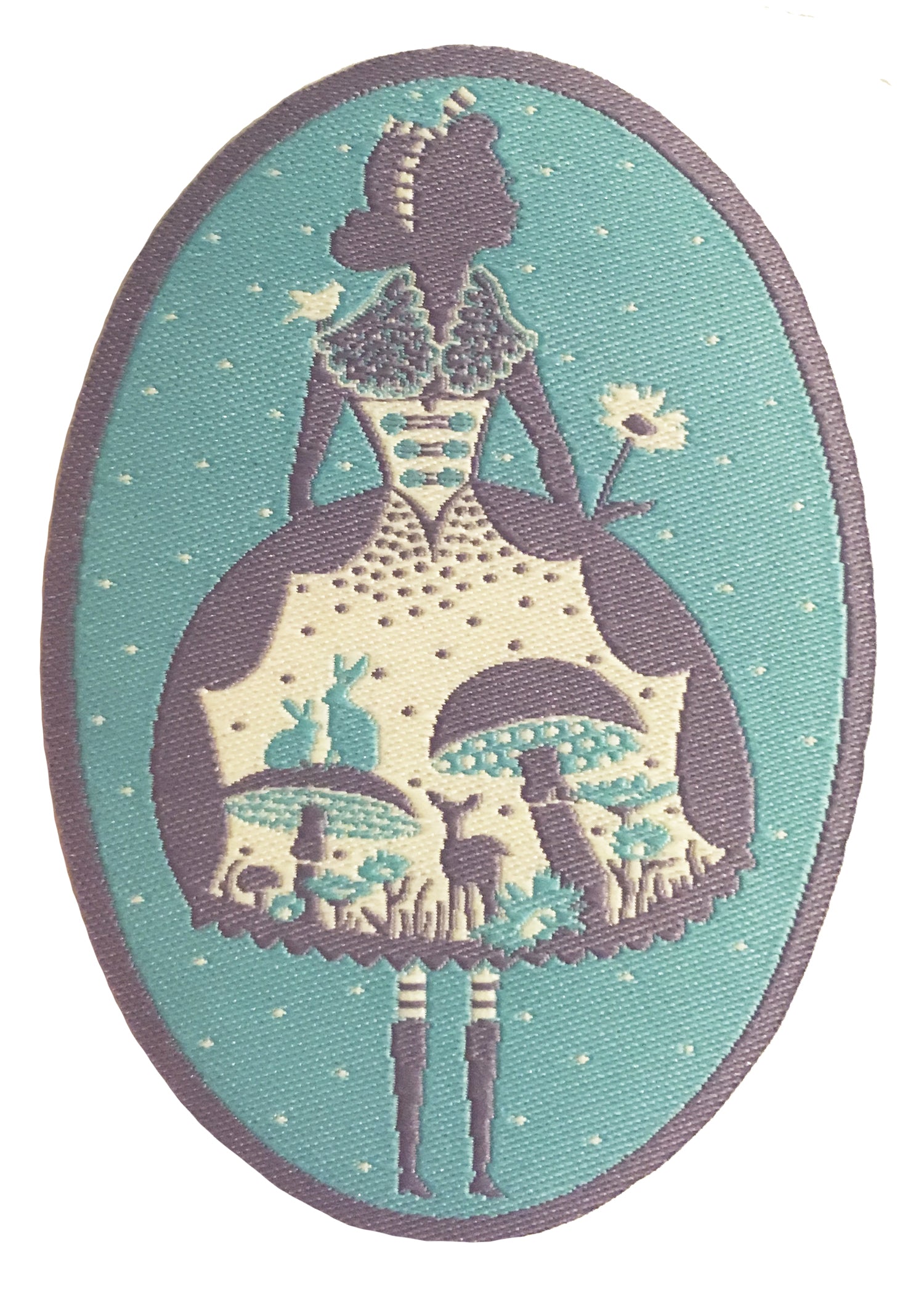 Light blue, grey and white oval patch with Alice in Wonderland design
