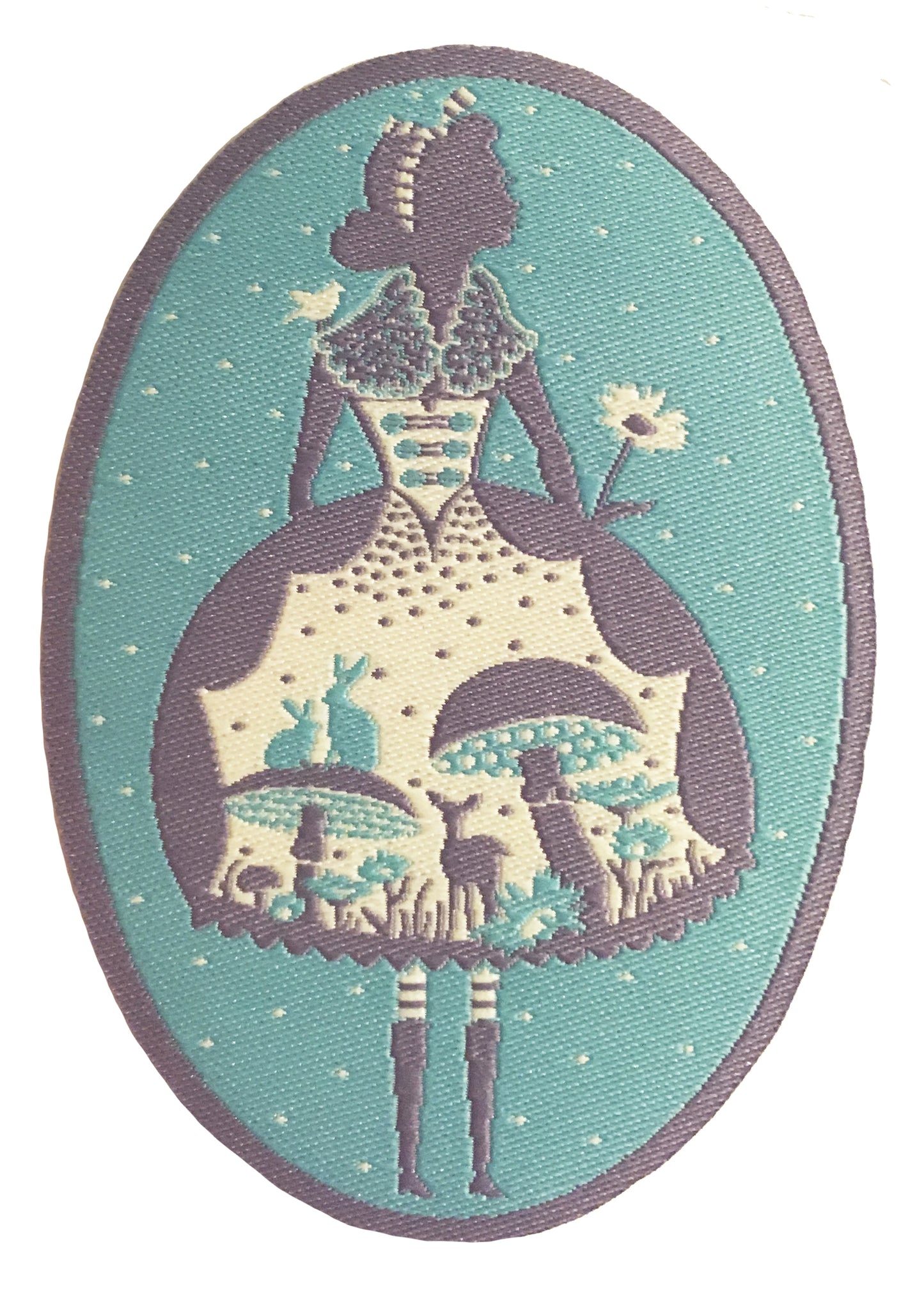 Light blue, grey and white Alice patch with deer, mushrooms and bunnies