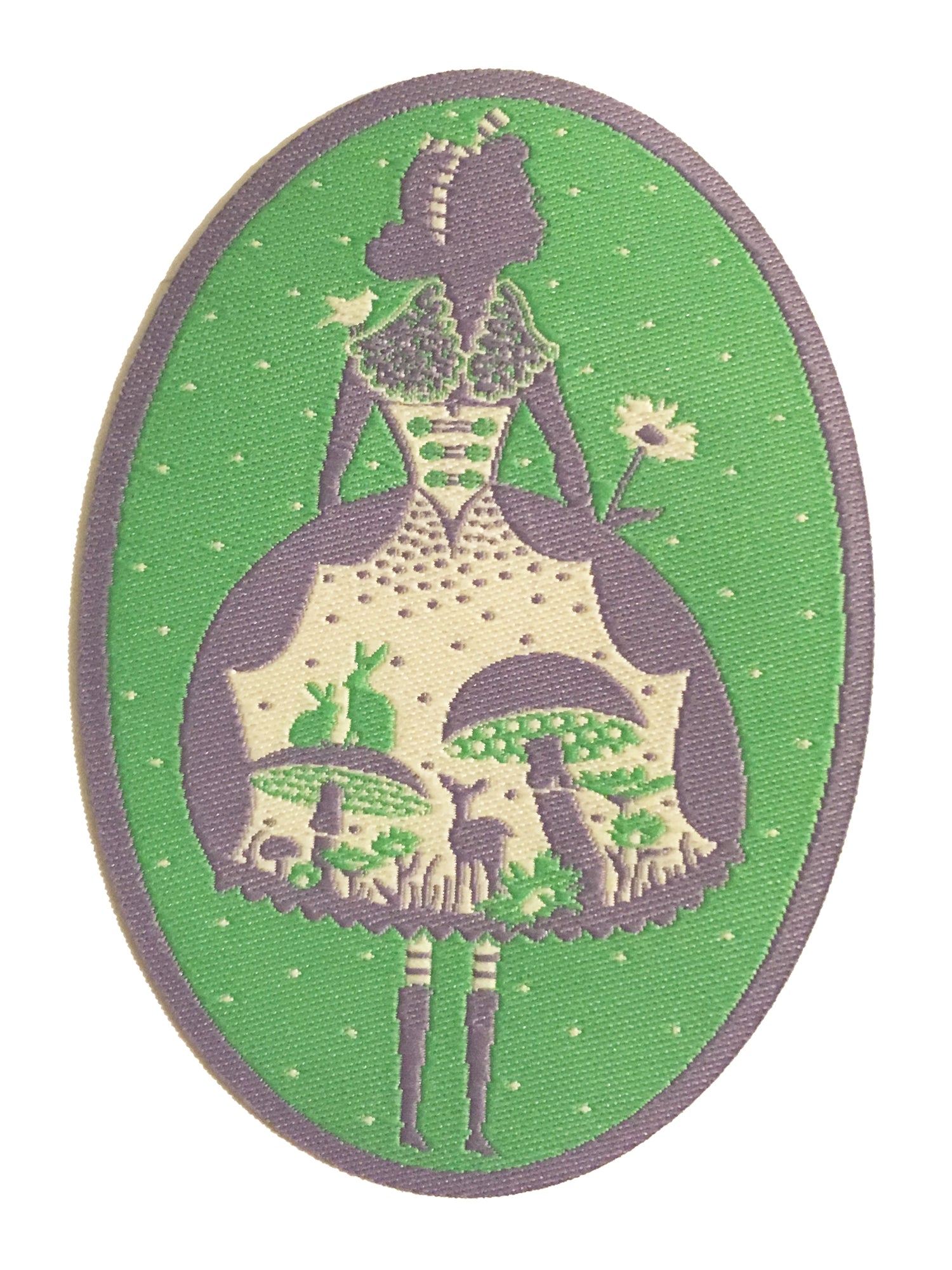 Light green, grey and white Alice patch with deer, mushrooms and bunnies