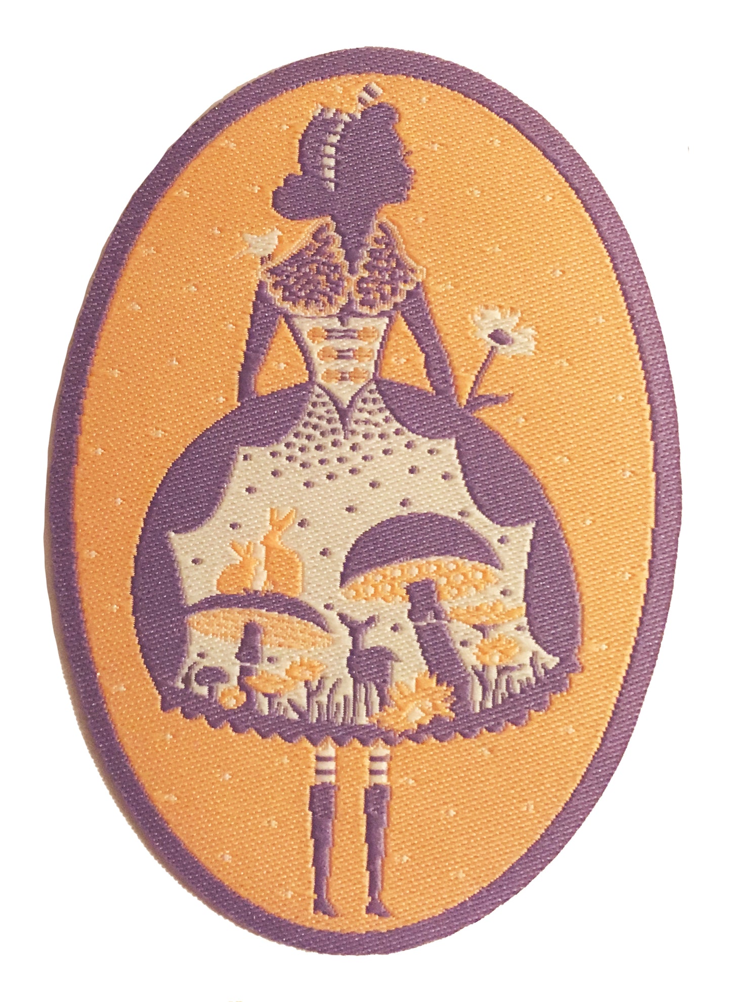 Yellow, grey and white Alice patch with deer, mushrooms and bunnies