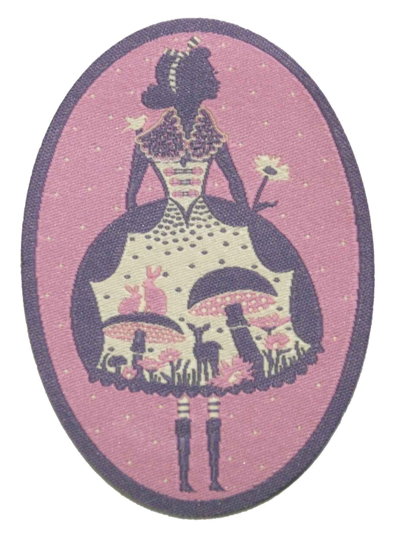 Orchid pink, grey and white oval patch with Alice in Wonderland design