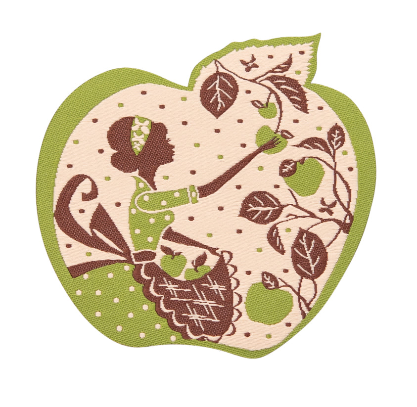 Green and brown apple-shaped iron on patch with a girl picking apples