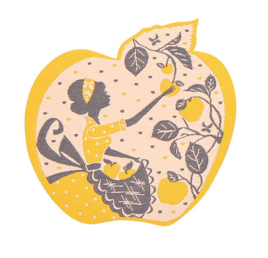 Grey and yellow apple-shaped iron on patch with a girl picking apples