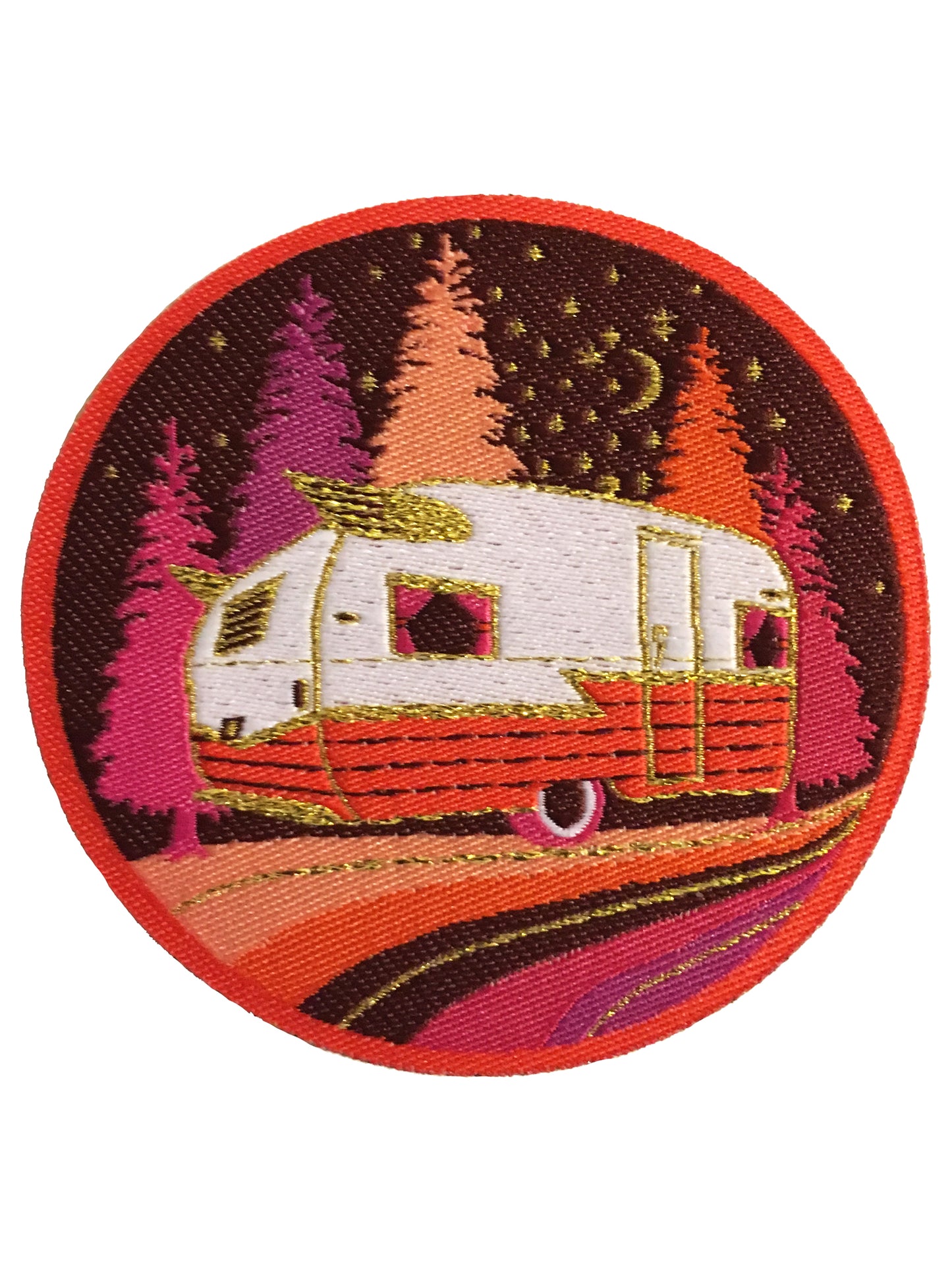 Red, orange and pink iron on patch with vintage Shasta trailer and pine trees