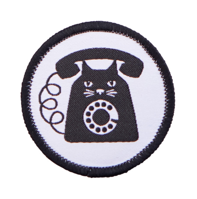 Round black and white cat phone iron on patch