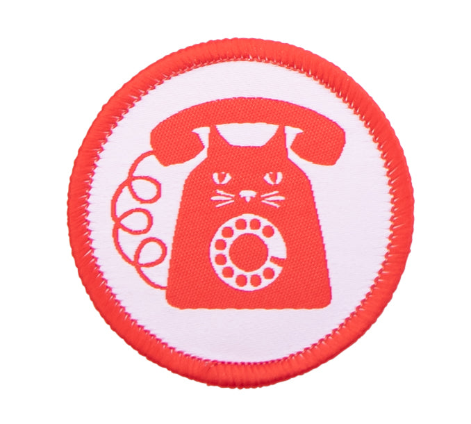 Round red and white cat phone iron on patch