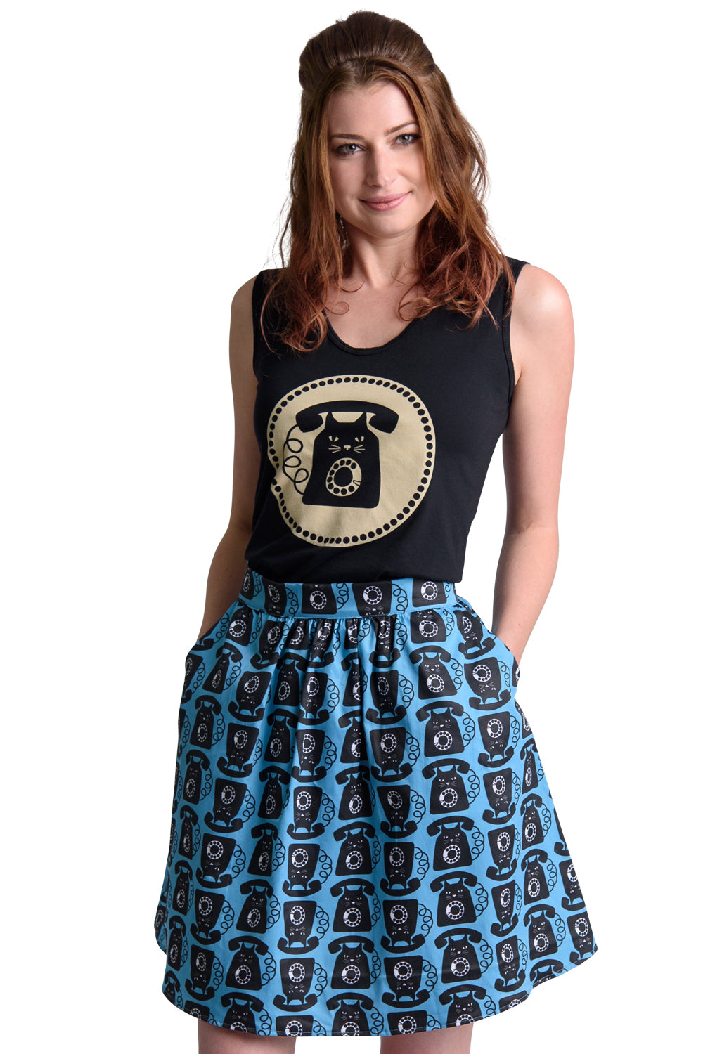 Aqua blue black and white gathered cat phone print short skirt with pockets, paired with a cute shirt