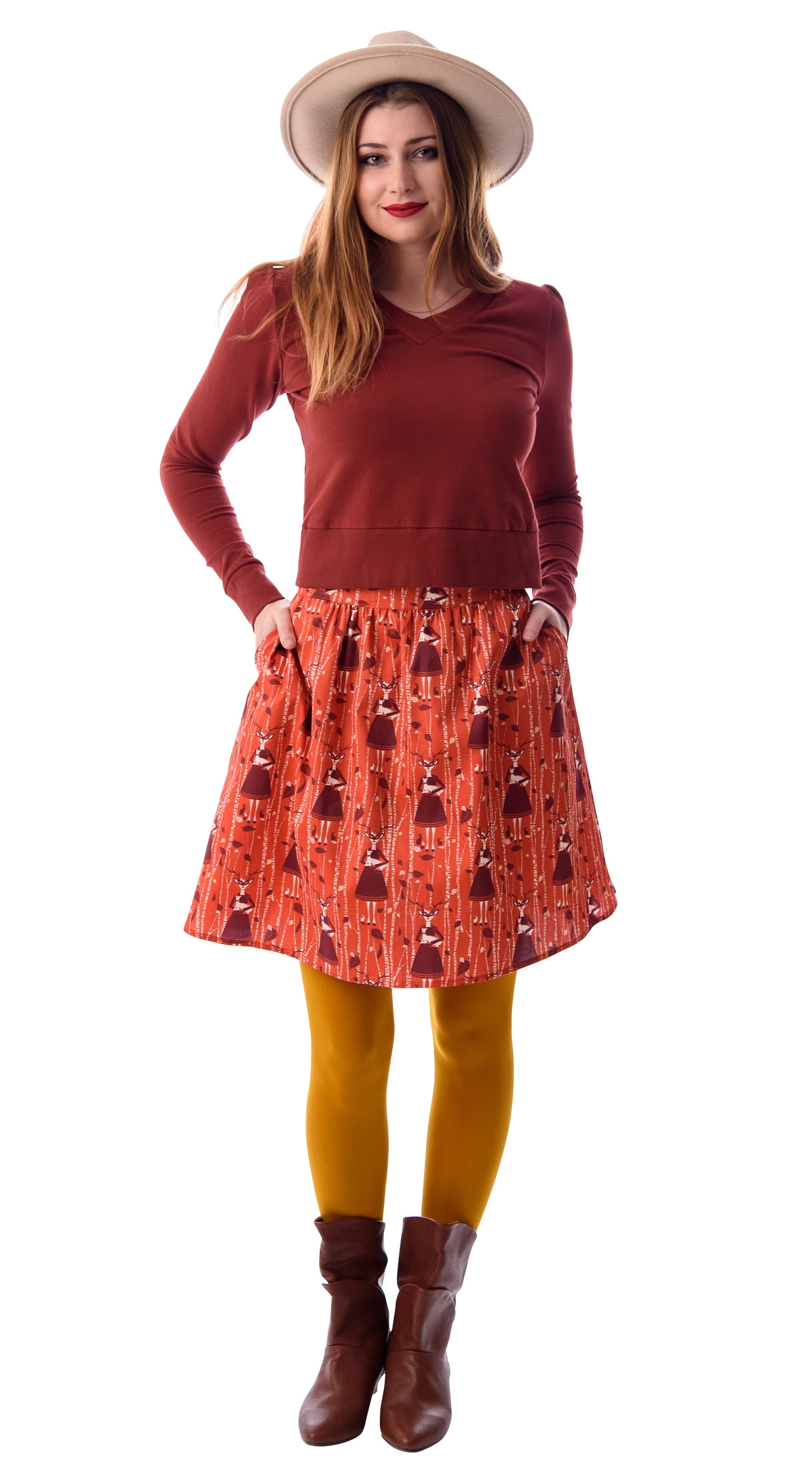  Orange and brown skirt with deer, birches and masked girl print and pockets