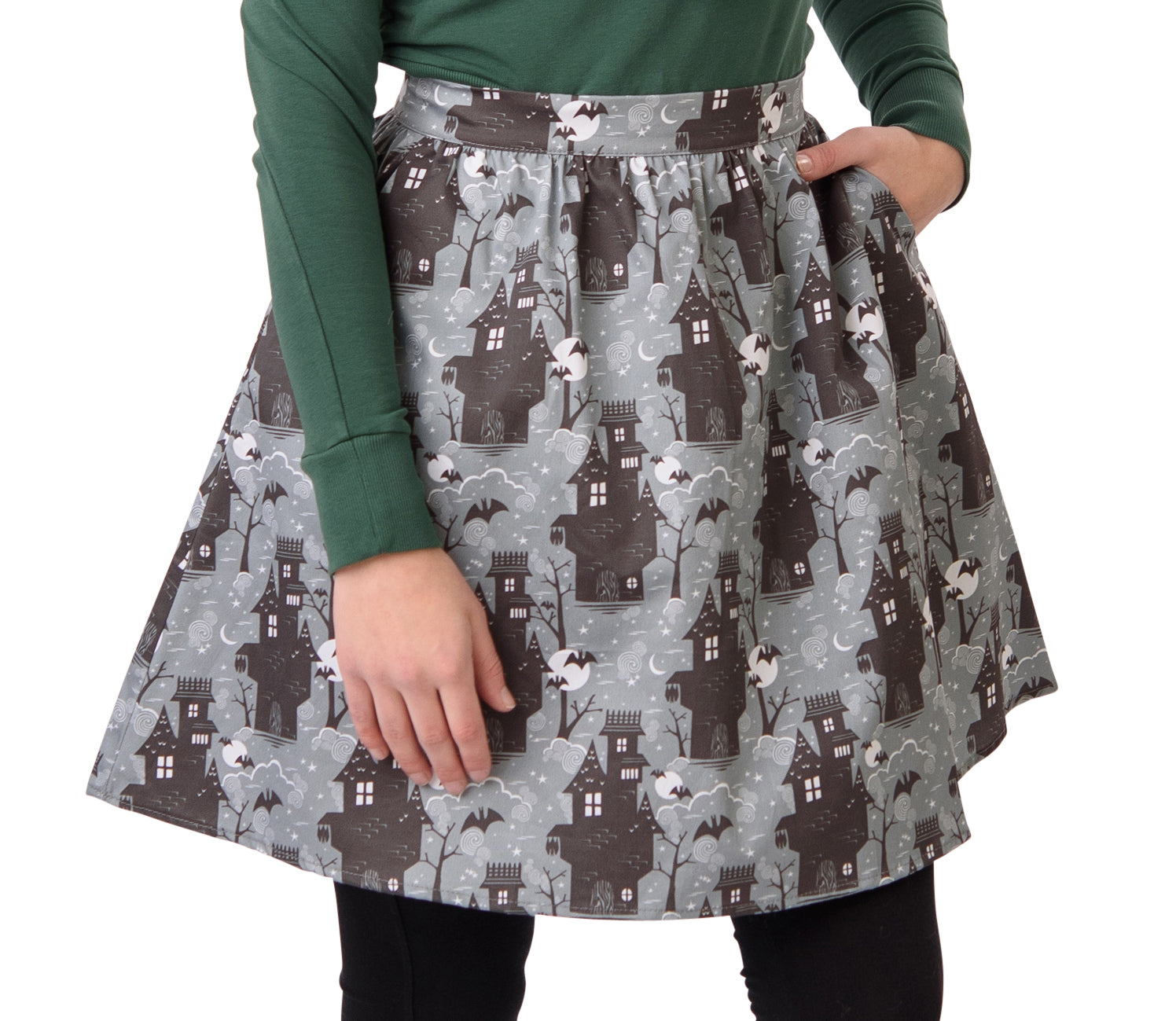 Grey ruched haunted house print short skirt 