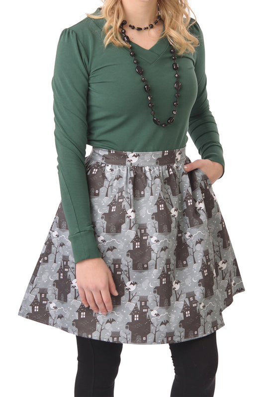 Grey ruched haunted house print short skirt 