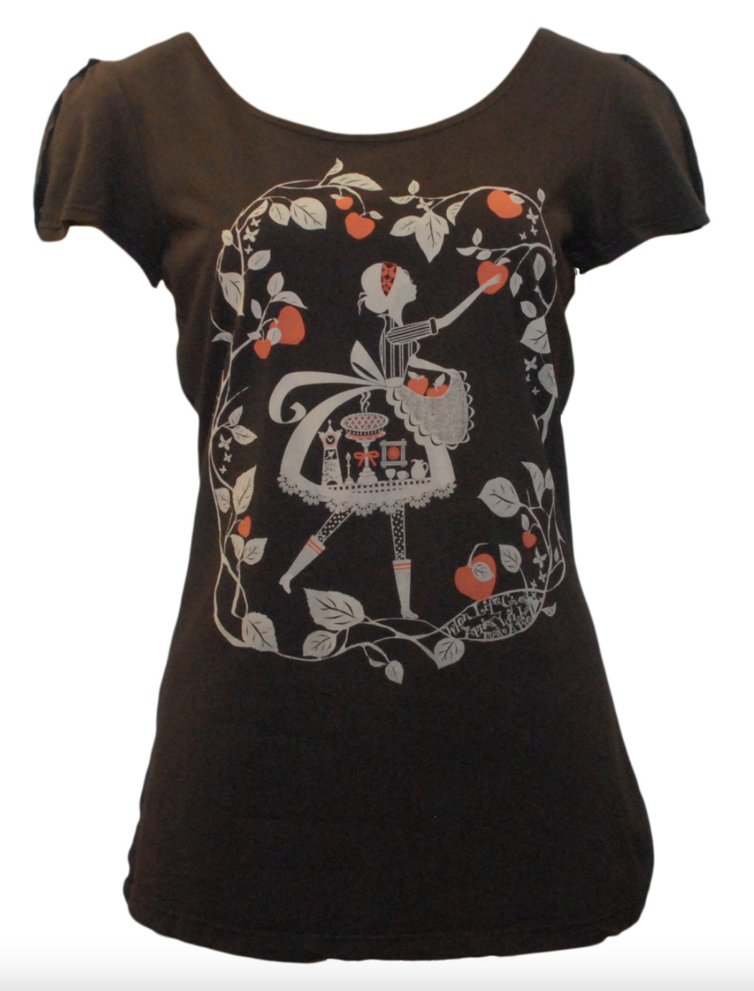 Dark brown graphic tee of apple picker girl with overlapping tulip sleeves