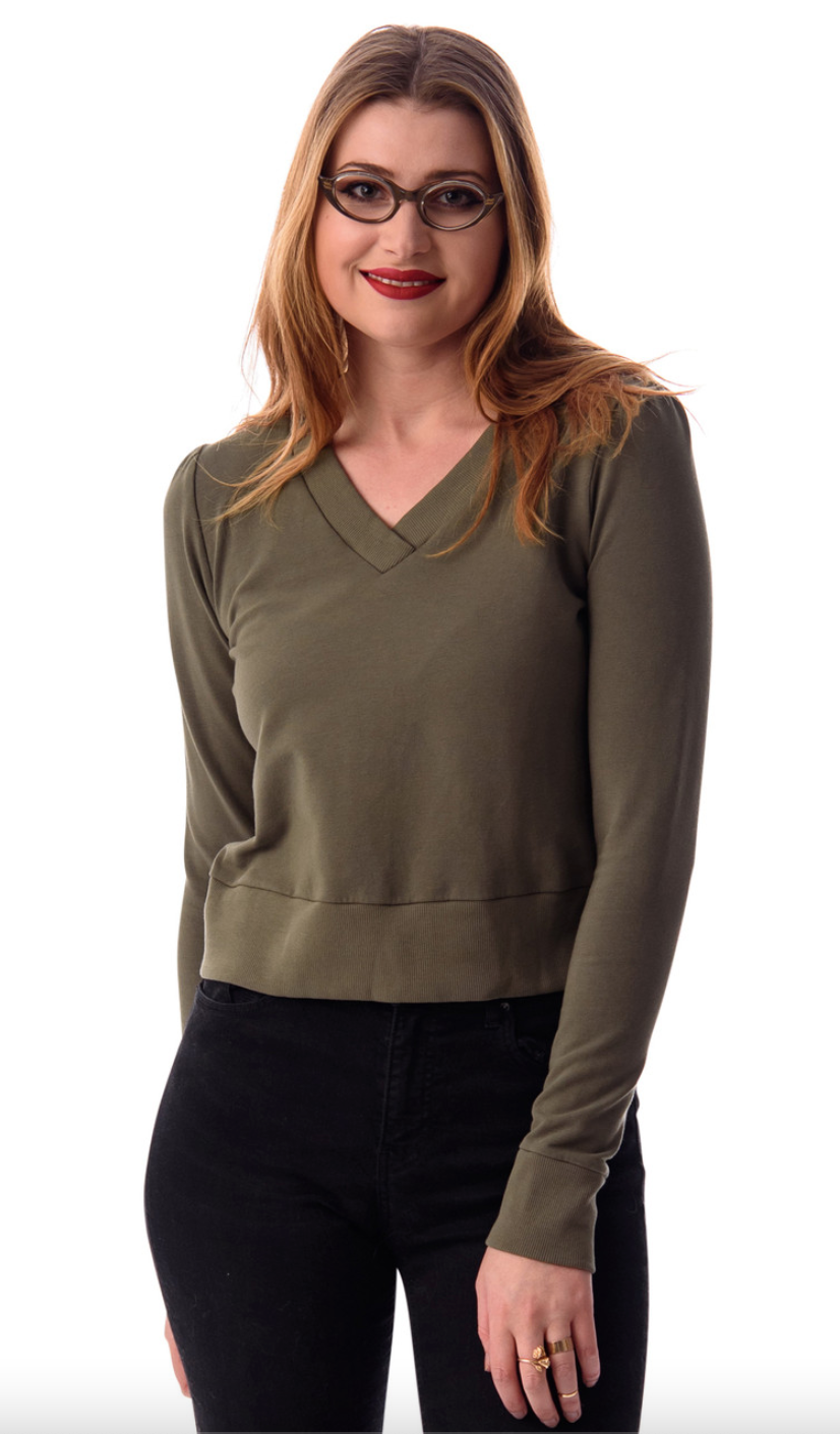 Olive green French terry v-neck shirt with rib trim