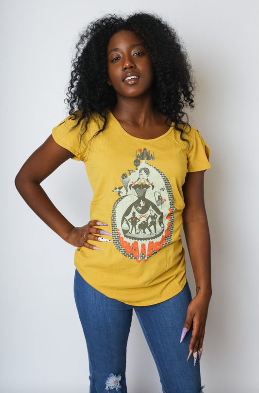 Yellow tulip sleeve Wizard of Oz inspired graphic tee with Dorothy, poppies, dog, scarecrow in grey, white and red