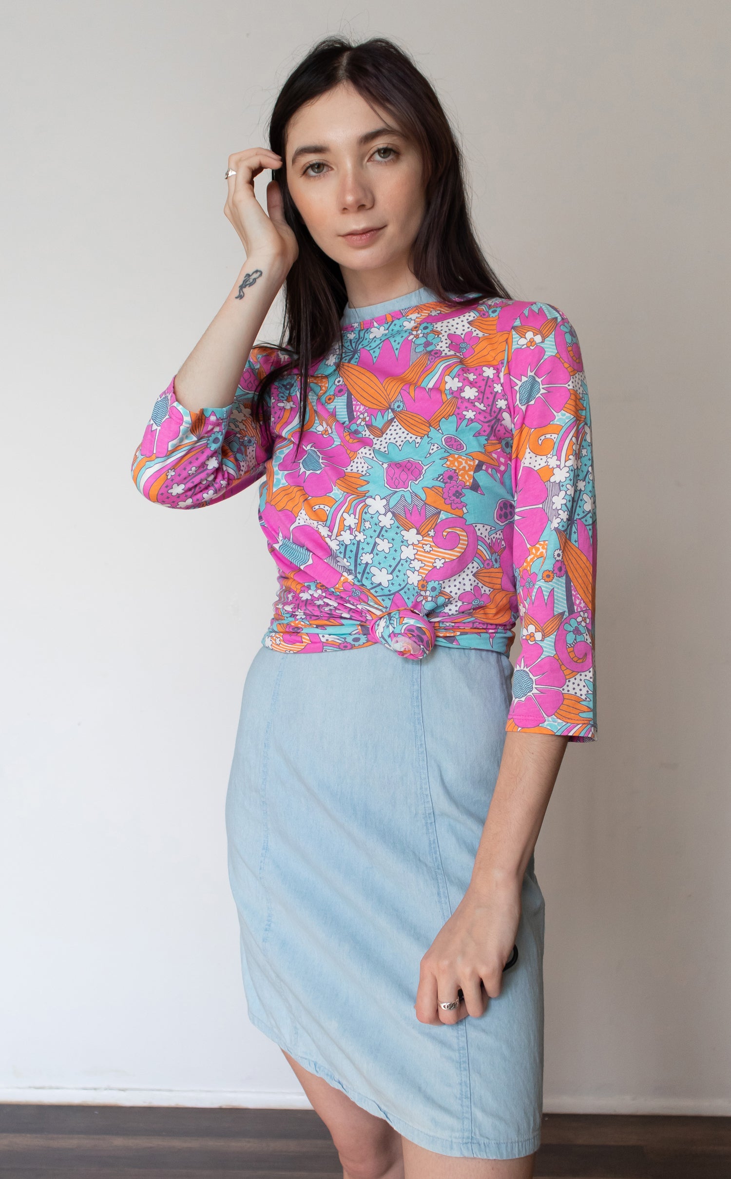 Bright pink, aqua and pink floral 3/4 sleeve cotton tee