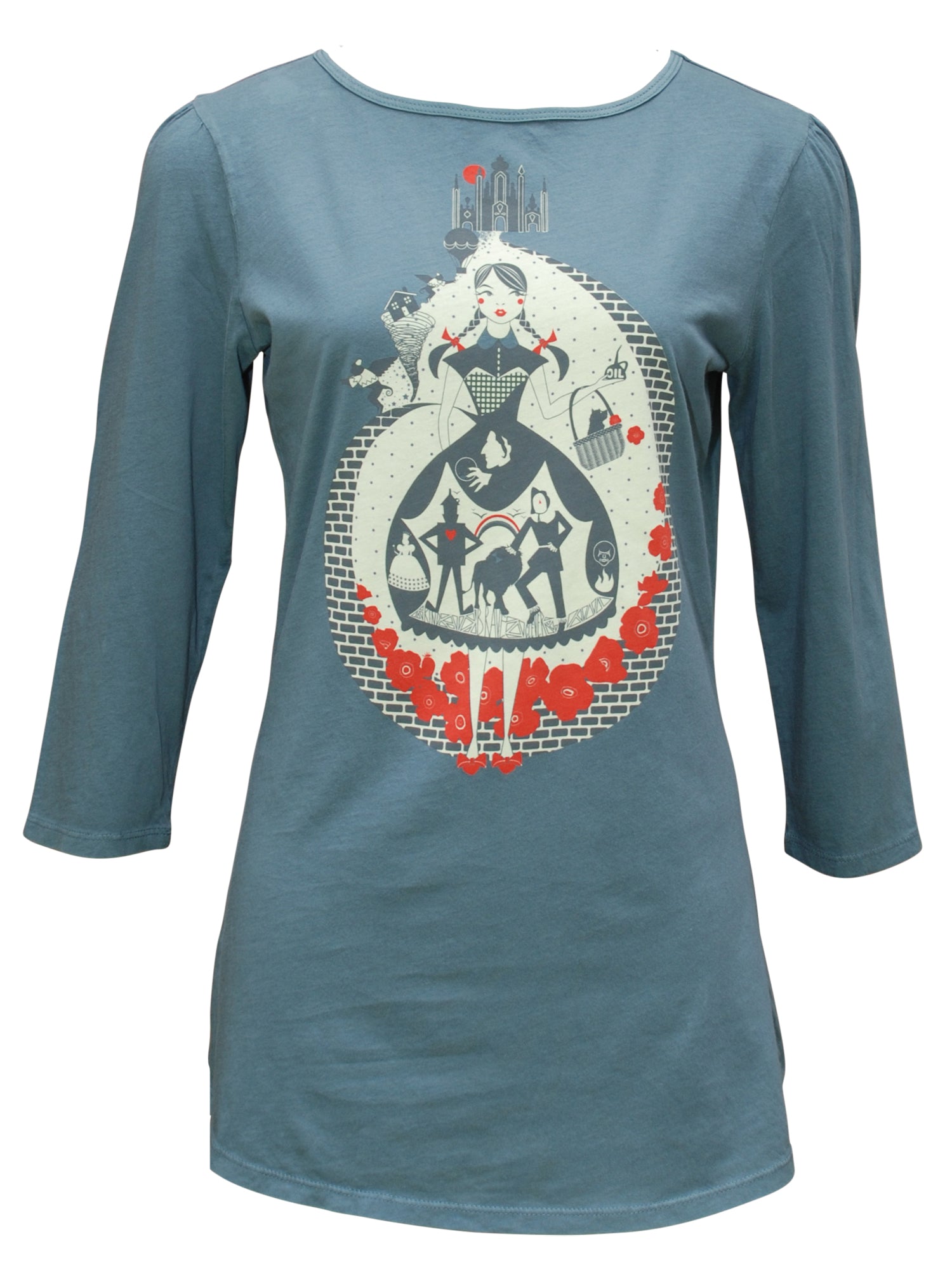 Grey 3/4 sleeve tee with graphic of Dorothy, poppies, a dog, scarecrow, tin man and tornado in red and off white
