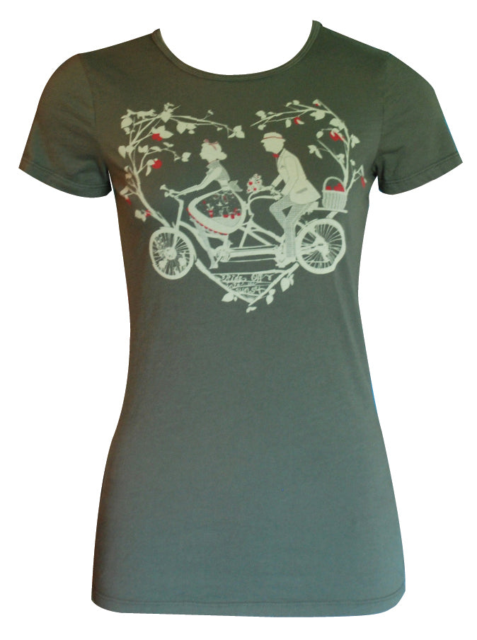 Olive green tee with off-white graphic of a man and woman riding a tandem bicycle with bright red fruit 