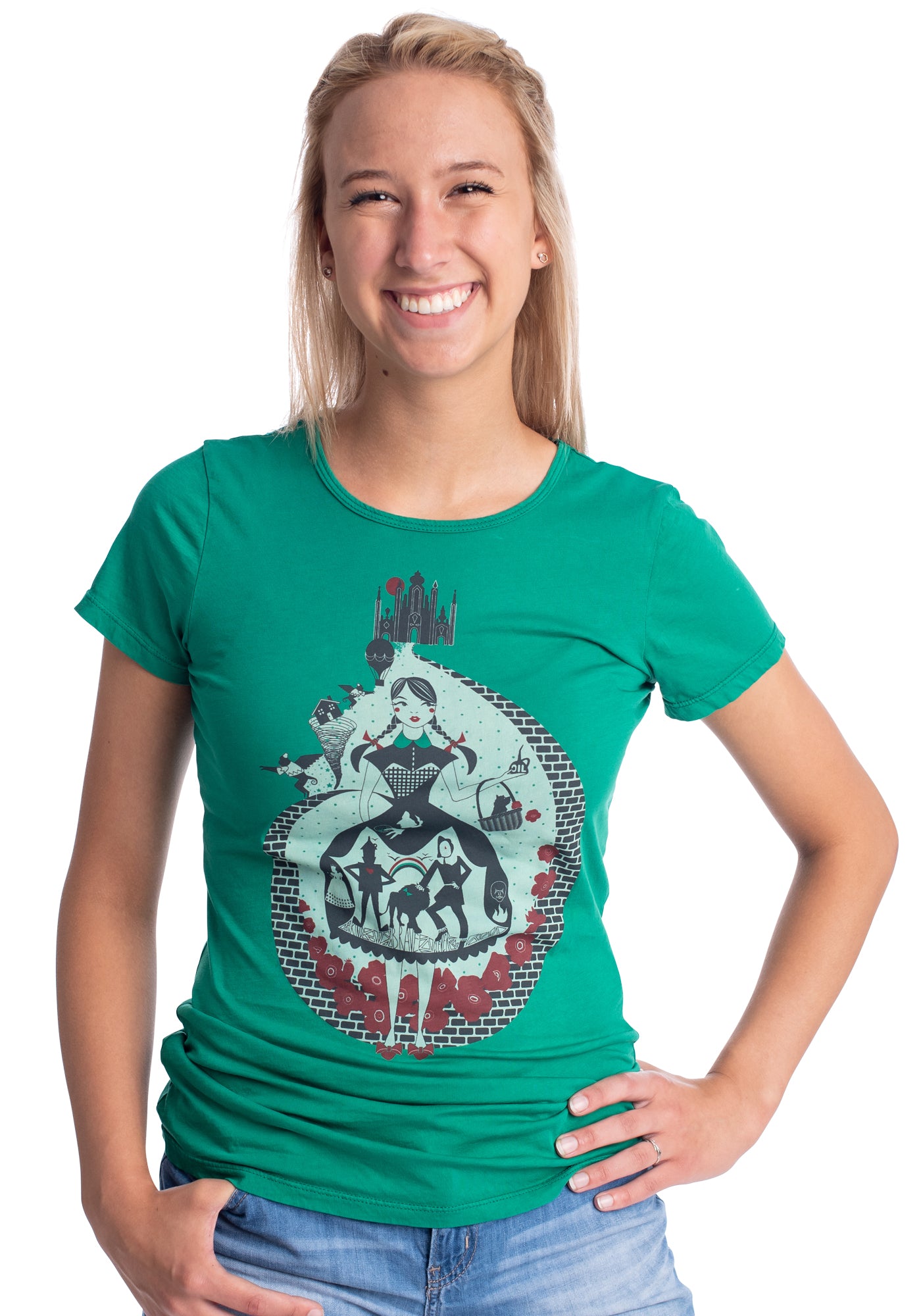 Emerald green tee with graphic of Dorothy, dog, scarecrow, lion, tin man and poppies in red and white