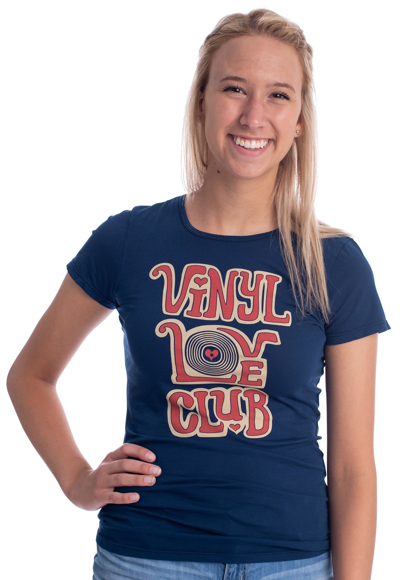 Navy blue graphic tee with "Vinyl Love Club" text in red and off white on blonde model